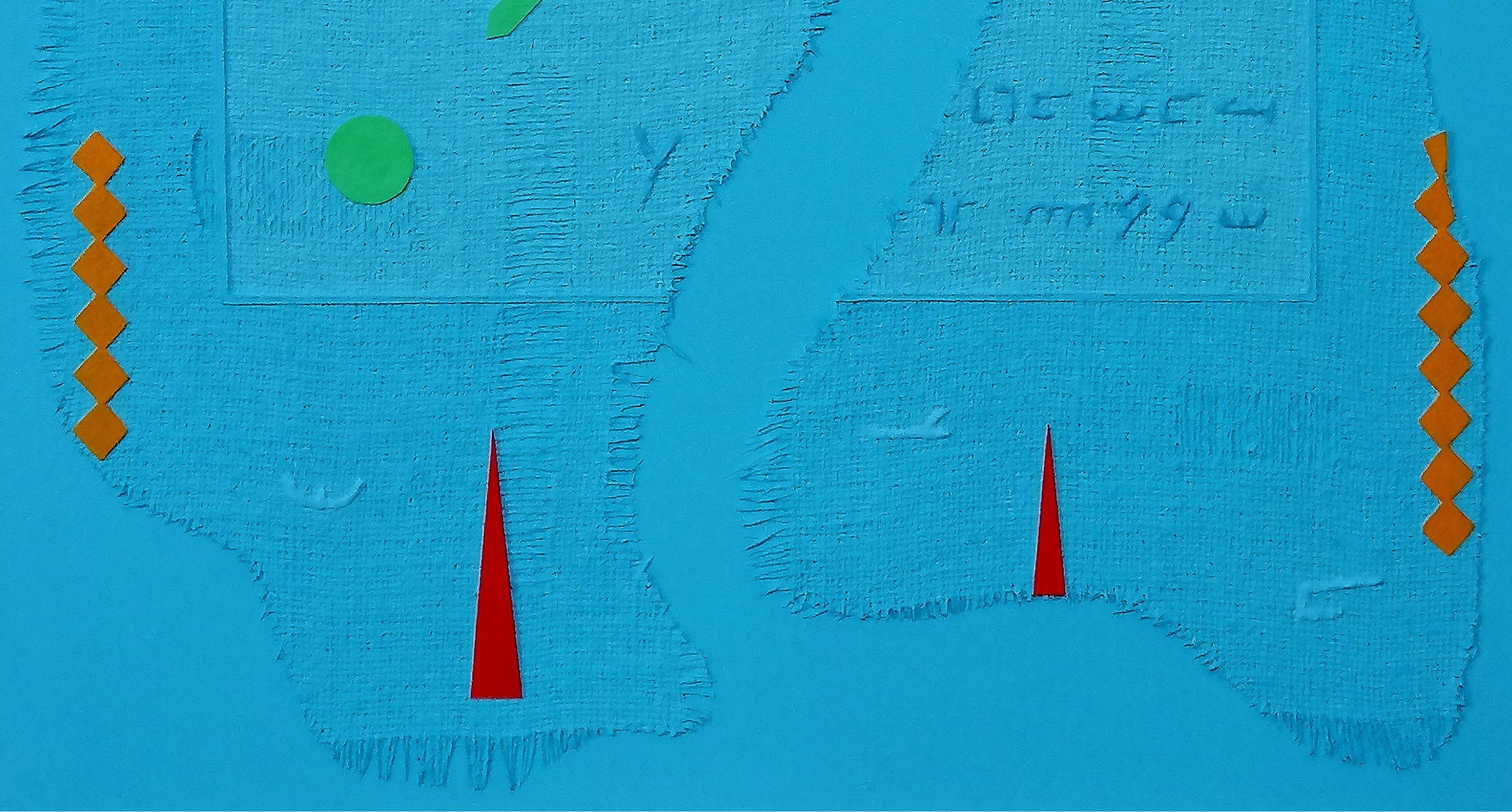This artwork presents an abstract composition on a striking azure background. It features two irregular, cloud-like shapes resembling soft edgeless forms that dominate the piece. Within these shapes are subtle, cryptic inscriptions and symbols,