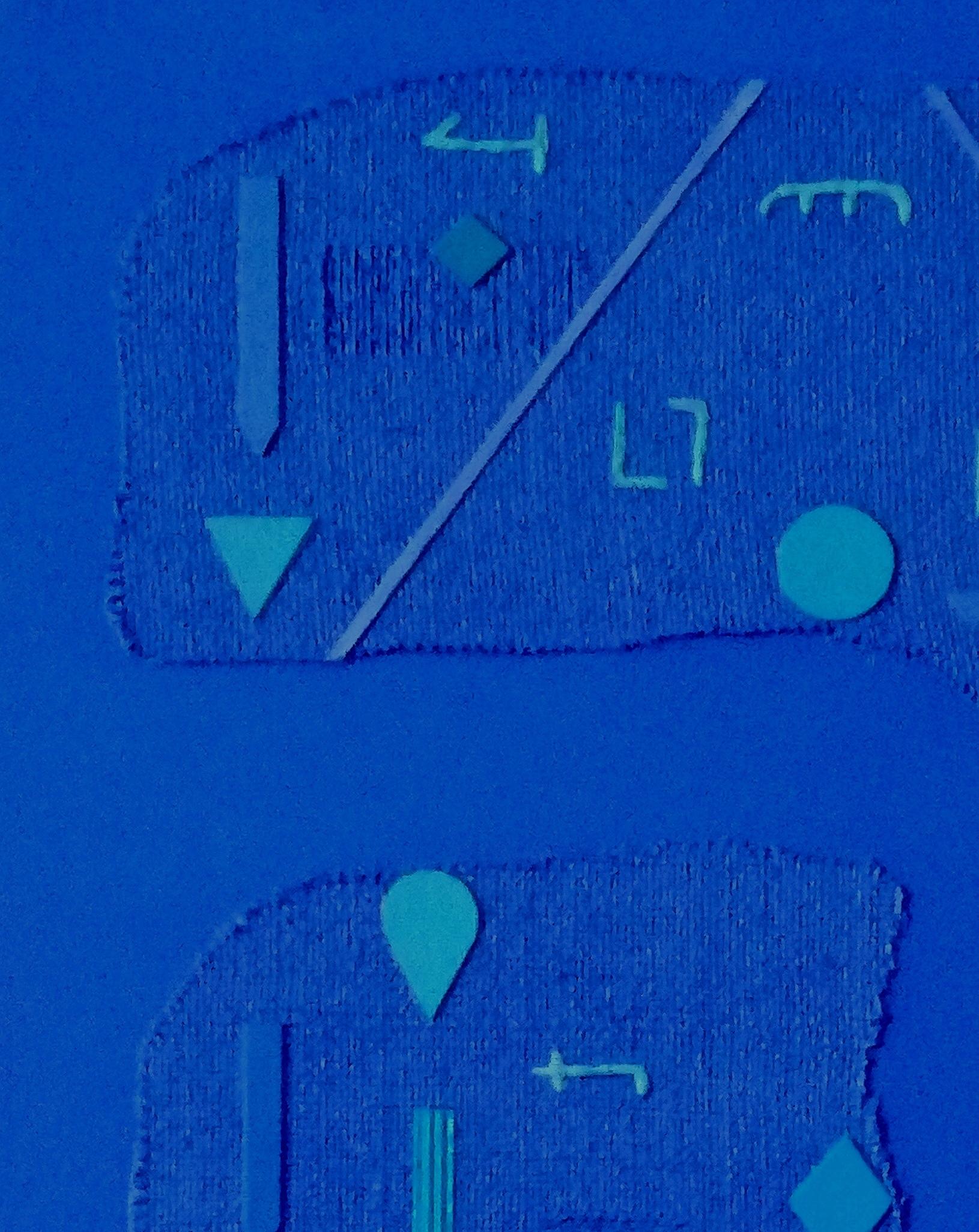 This artwork features an abstract composition with three irregularly shaped blue fragments against a vivid blue background. Each fragment is adorned with a series of meticulously arranged geometric symbols and lines, including triangles, circles,