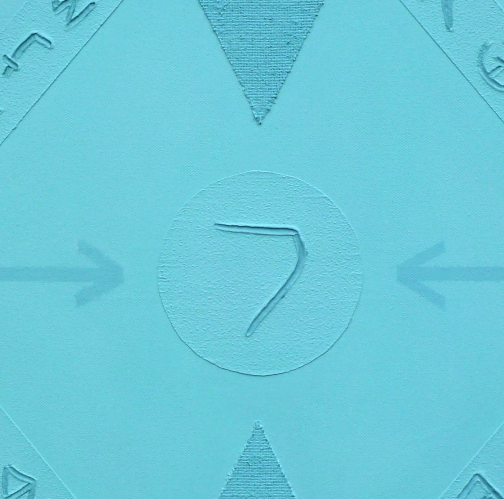 This artwork presents a striking study in geometric alignment and cryptic symbolism on a monochromatic blue canvas. Central to the composition is a bold, embossed 