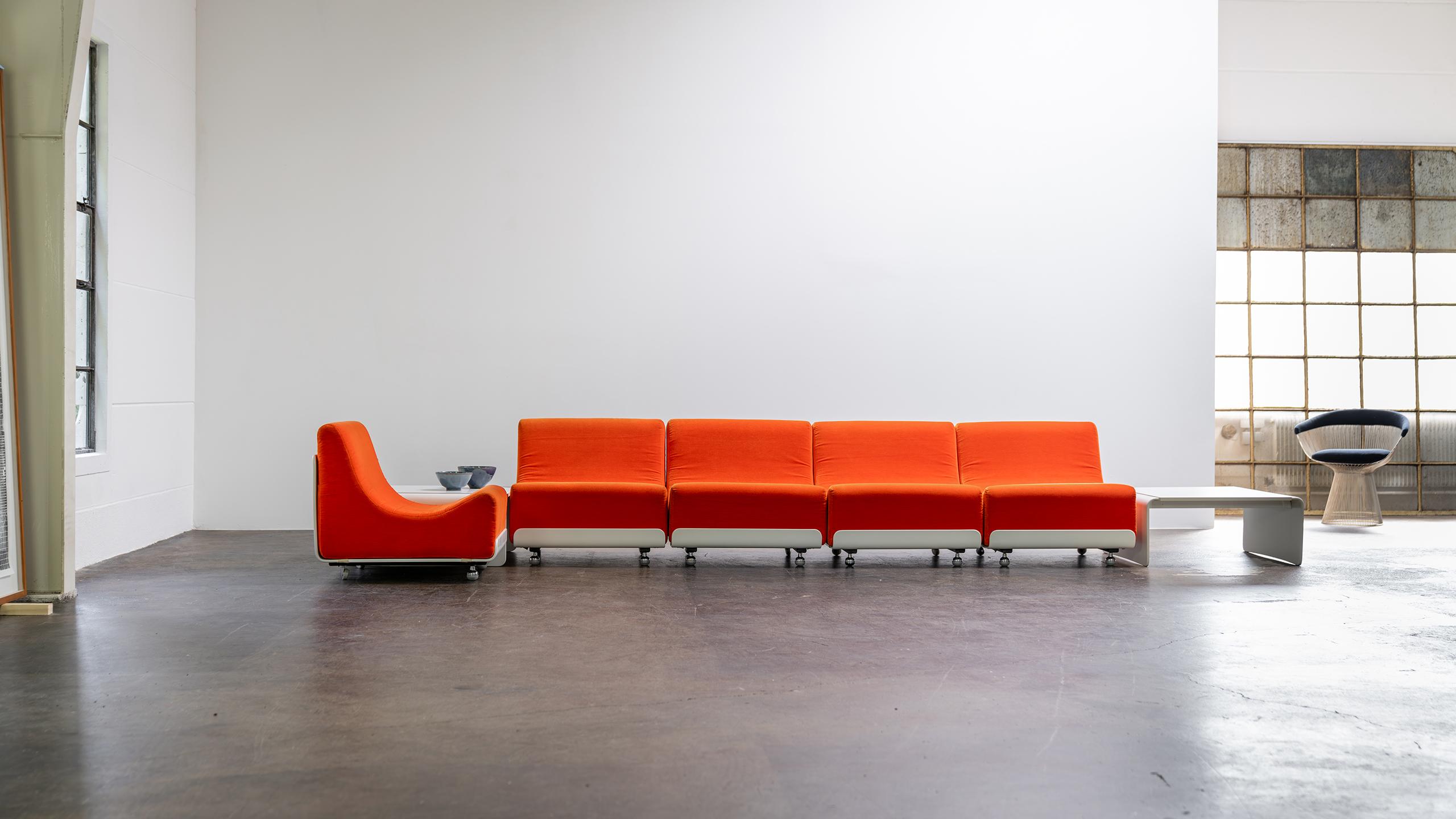 Luigi Colani, 1969 for COR, Germany - modular Orbis sofa with original orange-red needle velvet. 
The fabric has a very pleasant feel, get an impression from the detail photos.

The set consists of 5 seat elements (the inlay cushions are present,