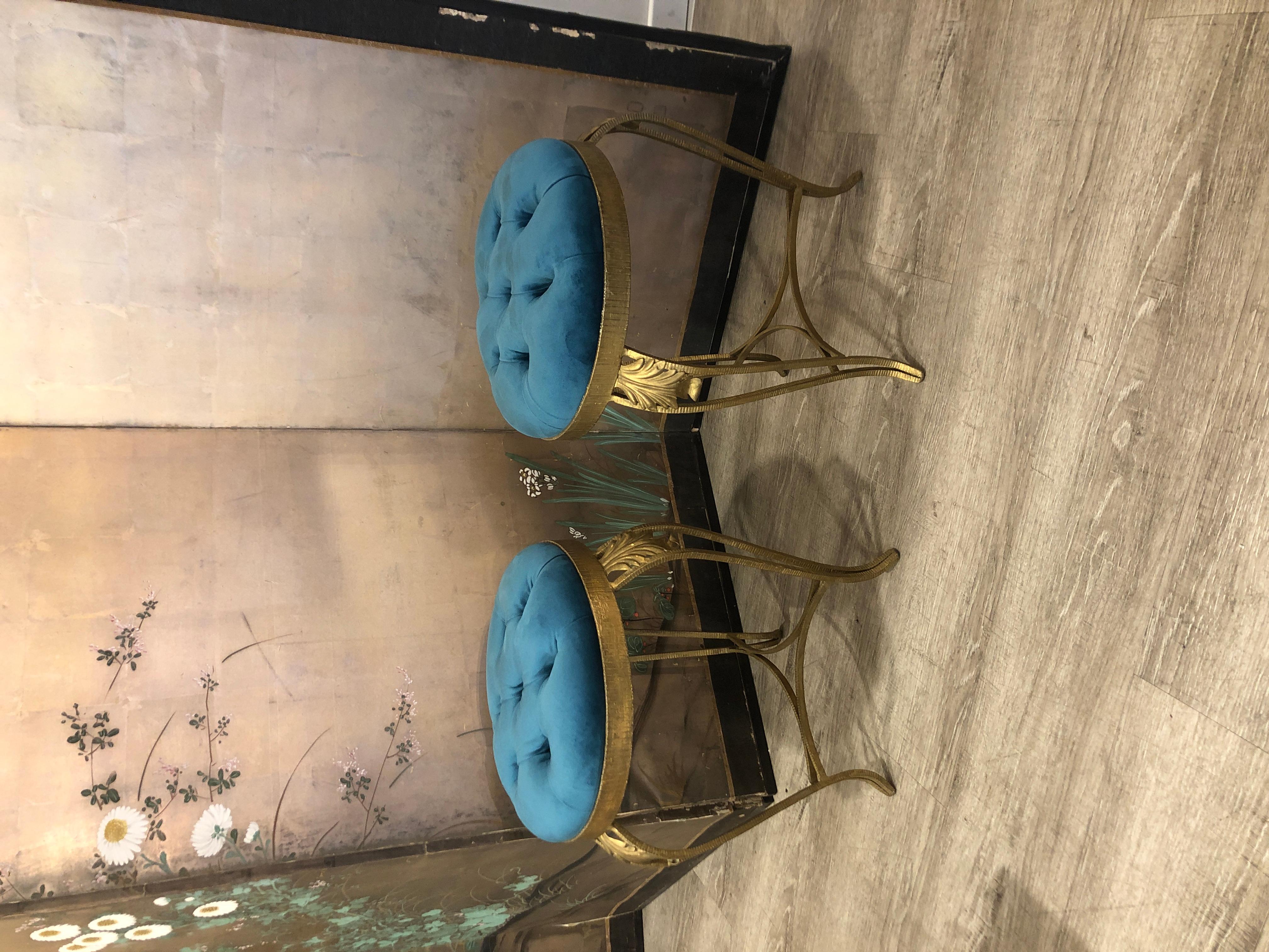 Pair of Pier Luigi Colli wrought iron stools from mid century period from Italy
Reupholstered in Blue Petrol velvet .
Legs are made of gilt wrought iron.
The typical work of Pier Luigi Colli can be found in the many engravings in the iron .
Size