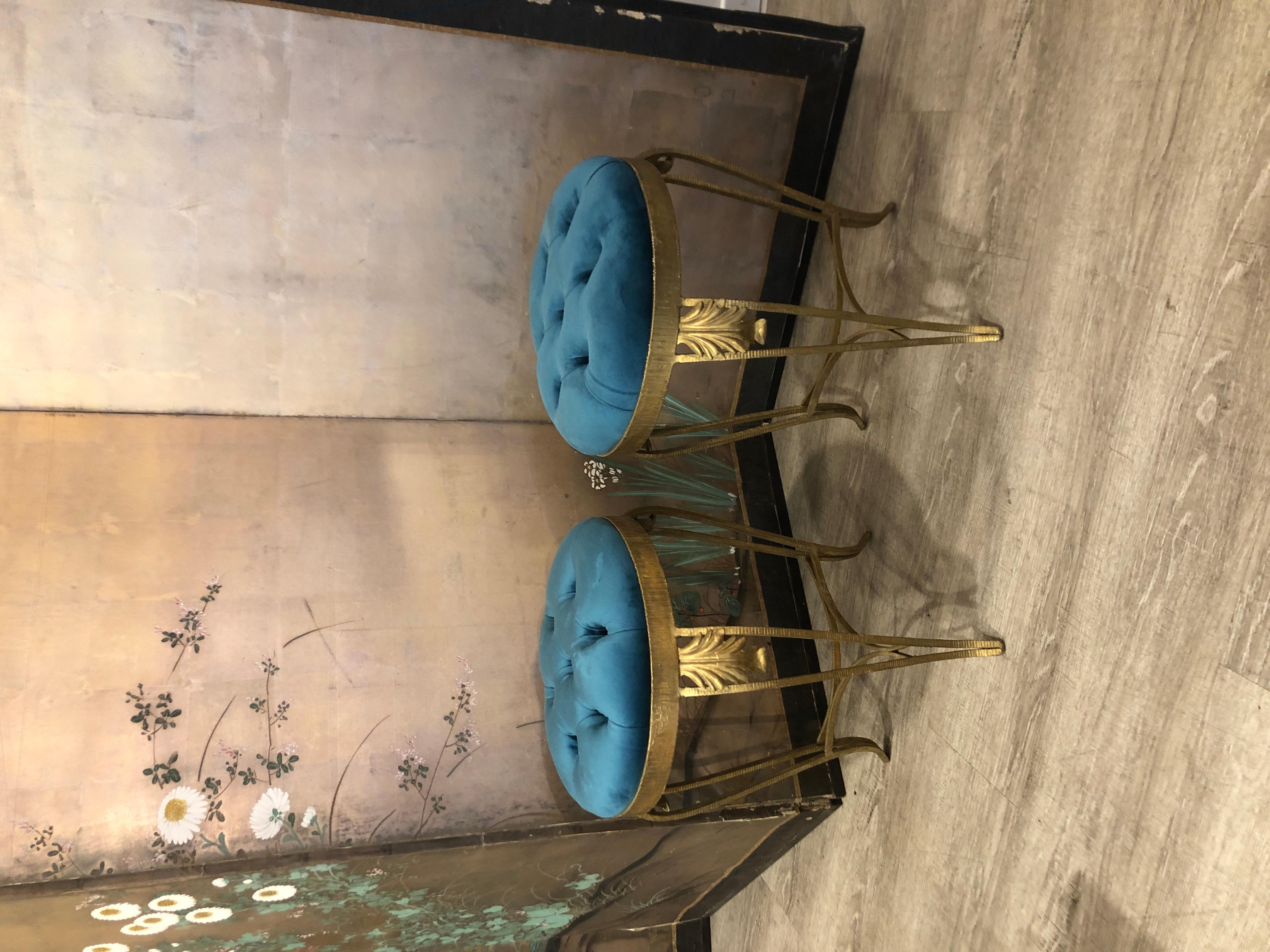 Hollywood Regency Luigi Colli Gilt Wrought Iron Blue Velvet Stools