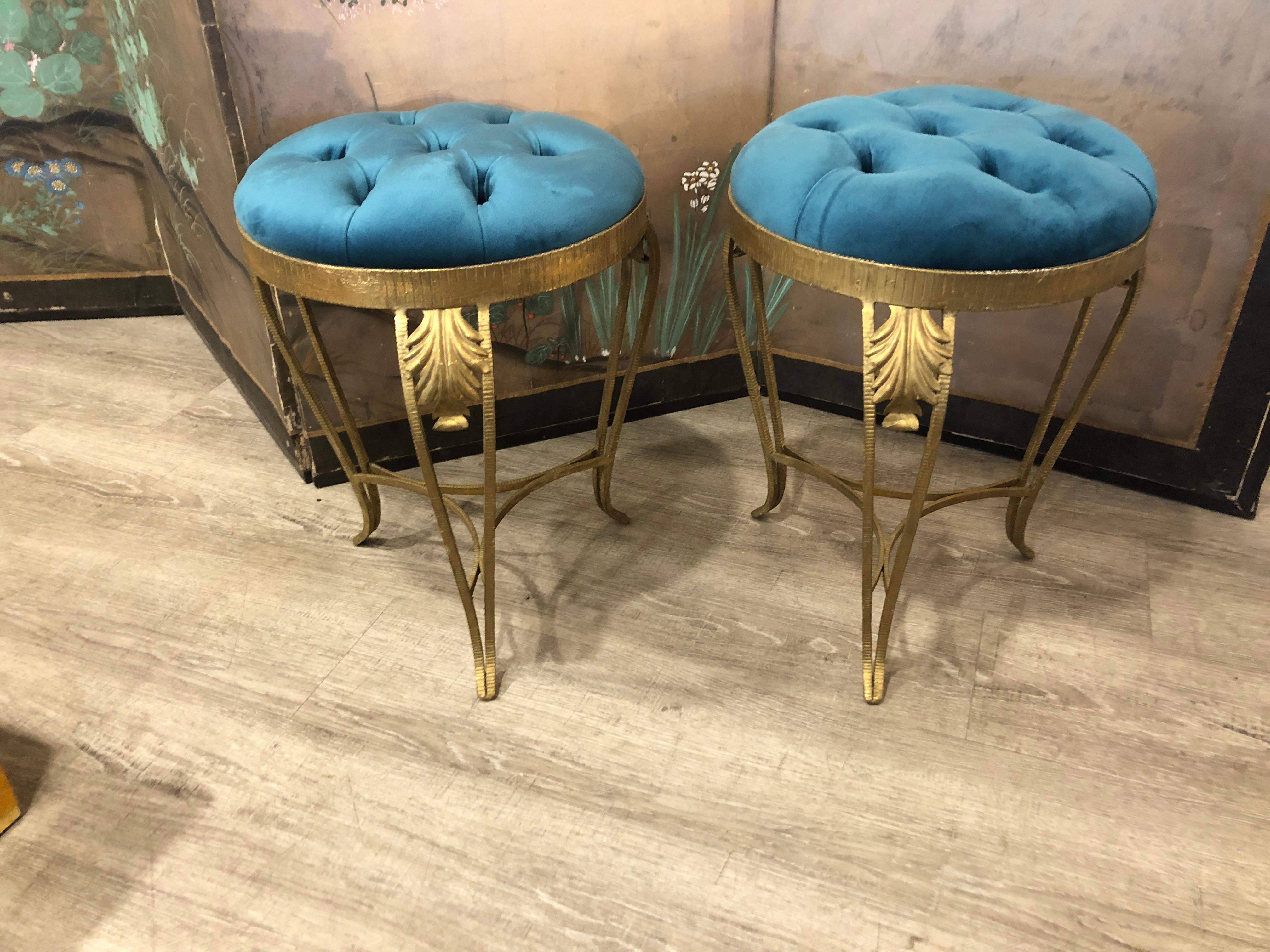 Italian Luigi Colli Gilt Wrought Iron Blue Velvet Stools