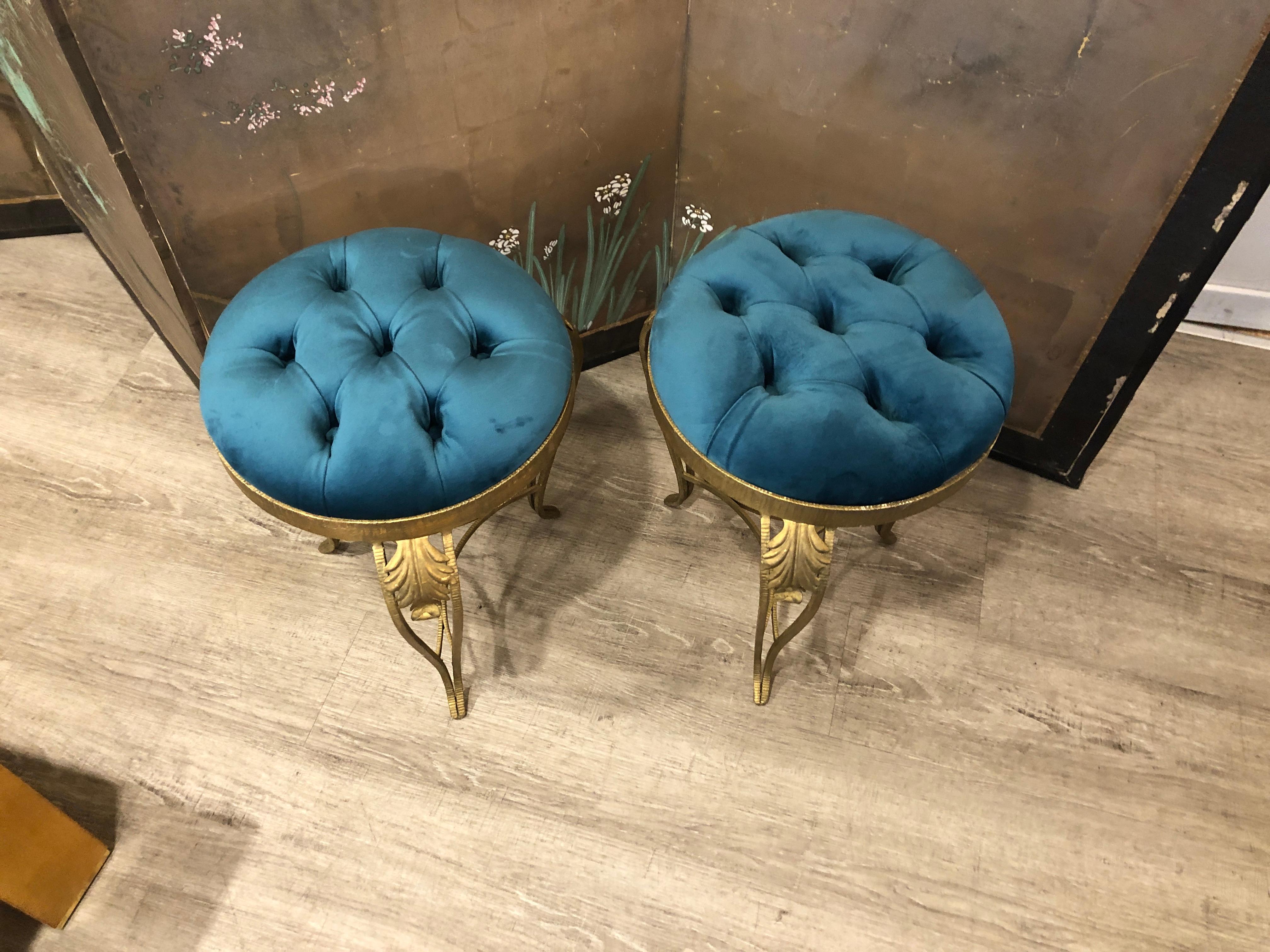 20th Century Luigi Colli Gilt Wrought Iron Blue Velvet Stools