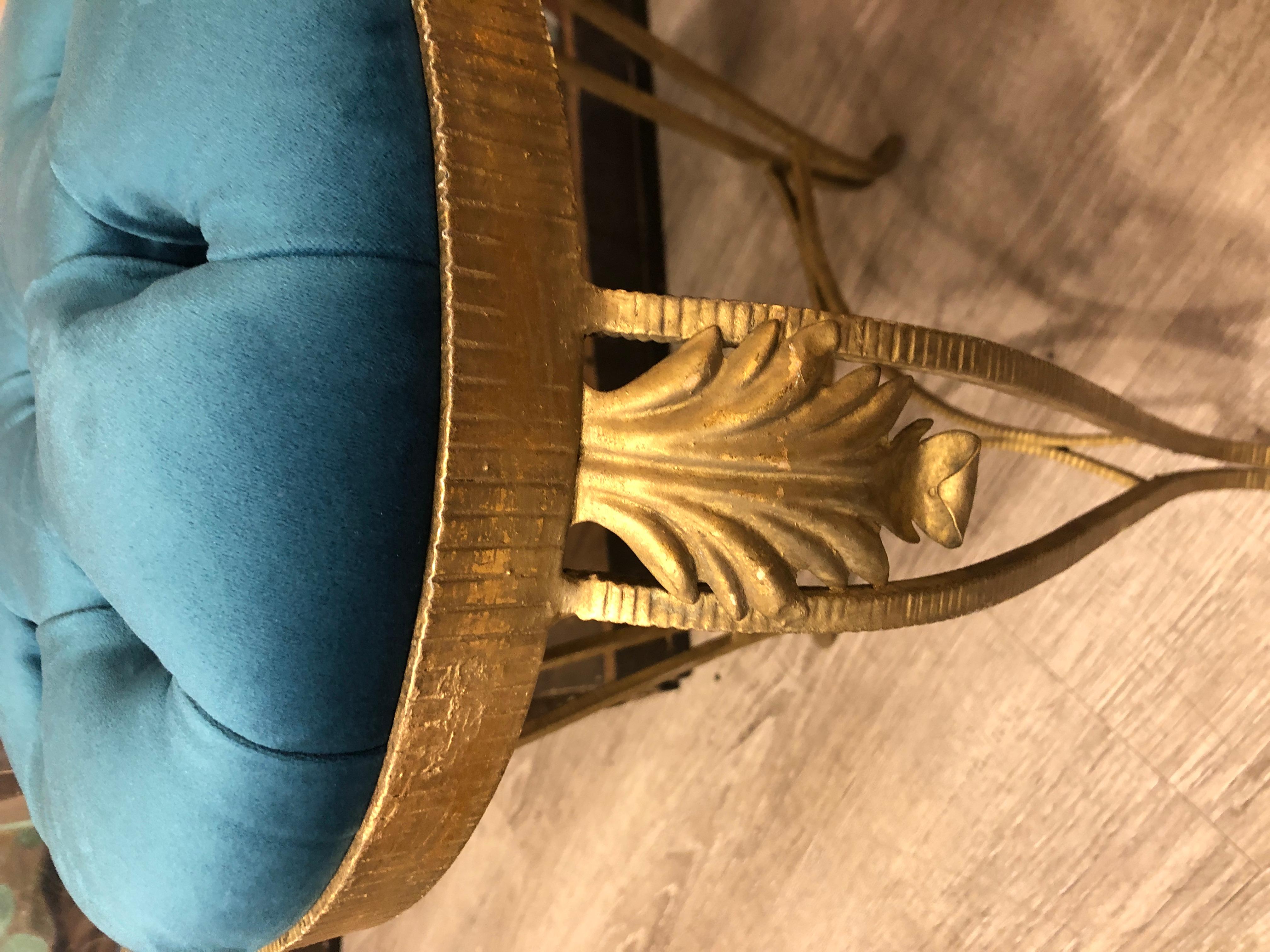 Luigi Colli Gilt Wrought Iron Blue Velvet Stools 1