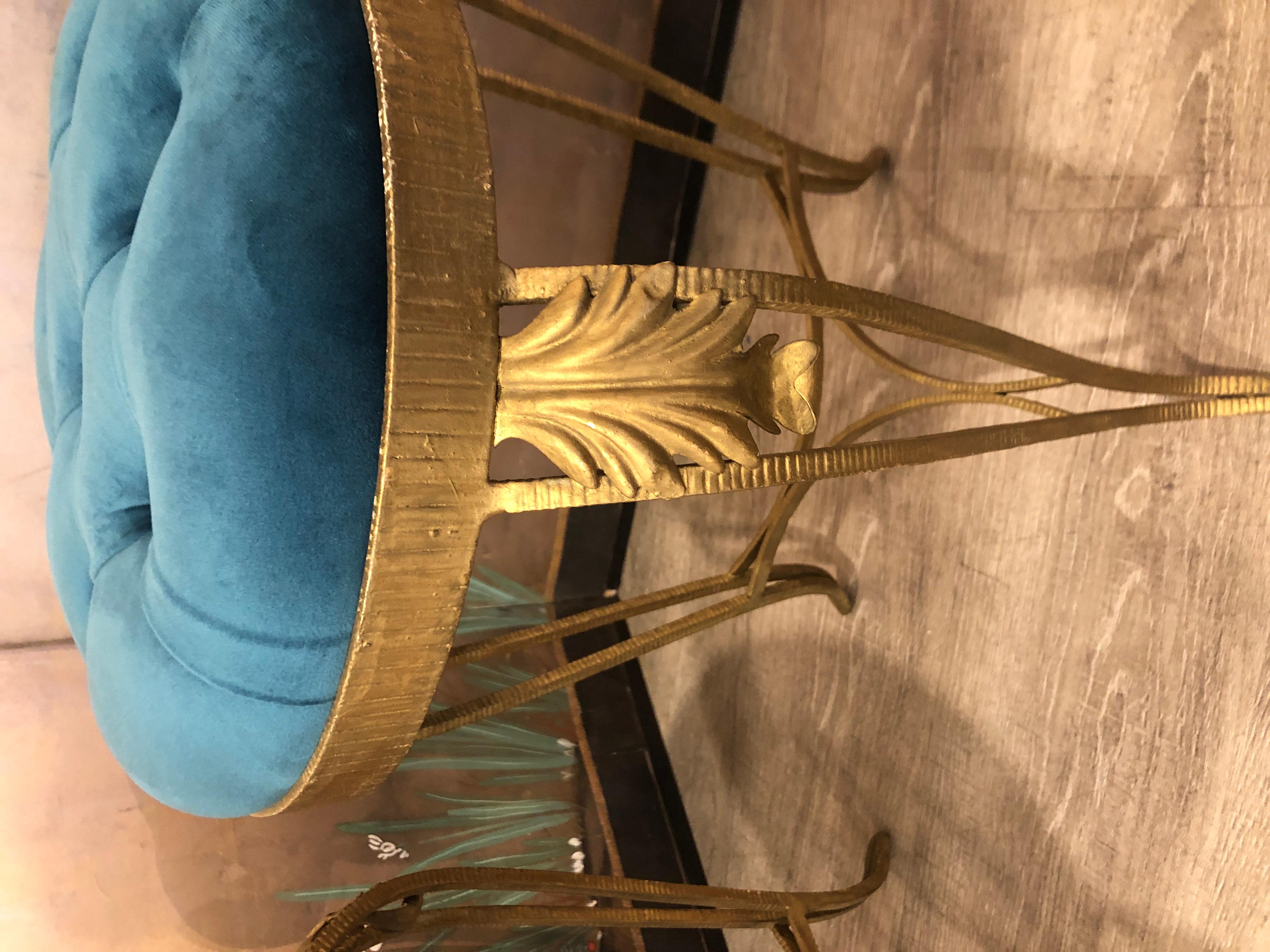 Luigi Colli Gilt Wrought Iron Blue Velvet Stools 3