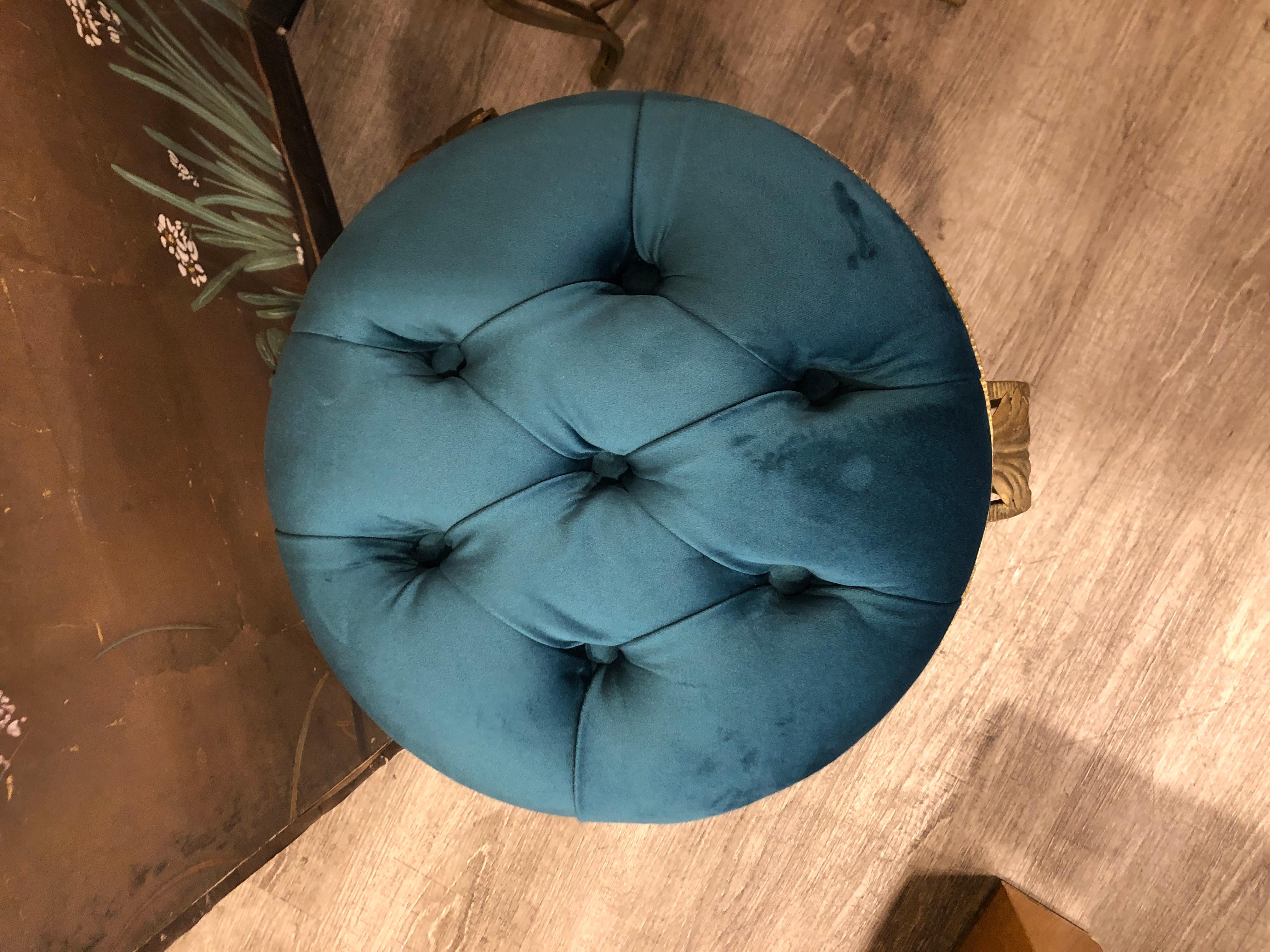 Luigi Colli Gilt Wrought Iron Blue Velvet Stools 4