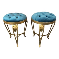 Luigi Colli Gilt Wrought Iron Blue Velvet Stools