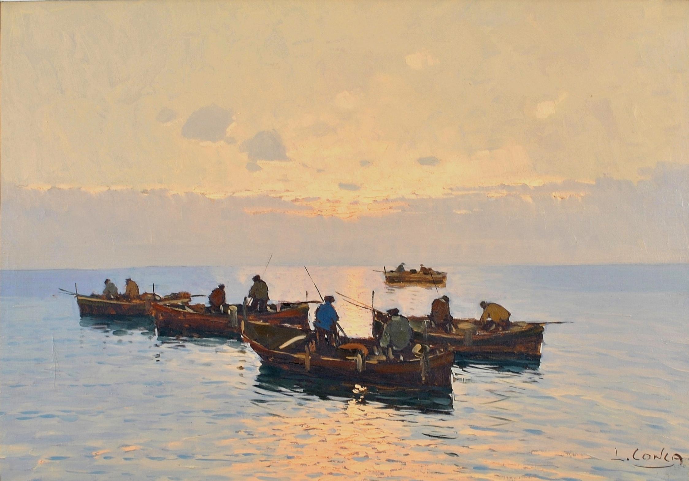 This beautiful large impressionist oil on canvas by Italian artist Luigi Conca was painted in the 1930's. The work depicts fishermen on the Gulf of Naples at sunset, most likely off the island of Capri, where the artist is known to have painted