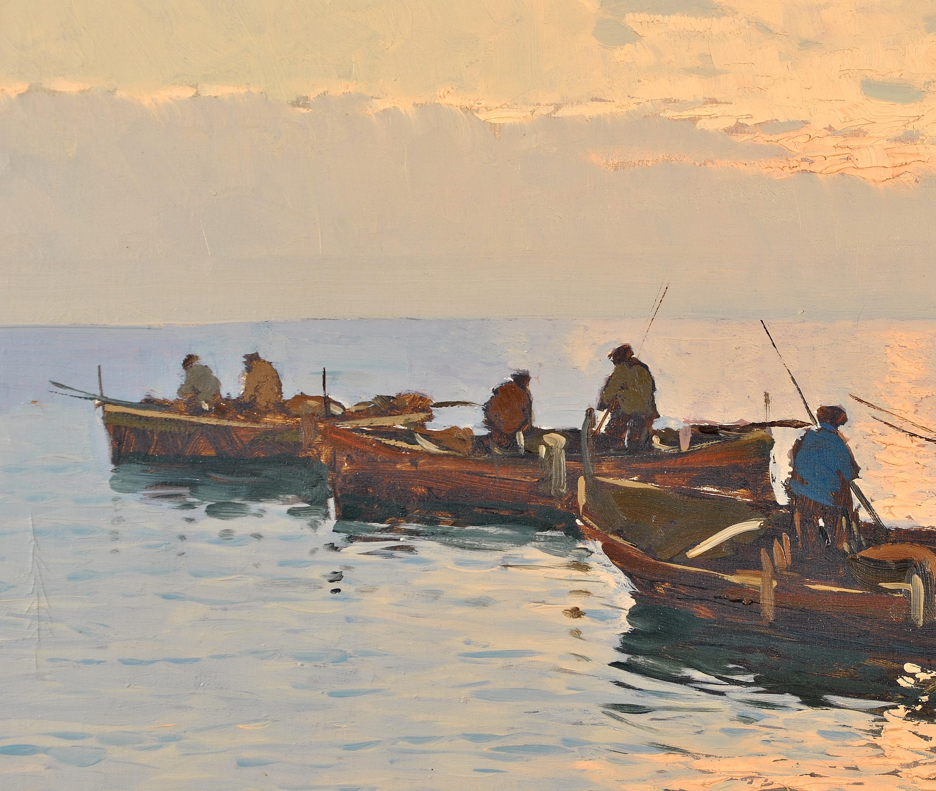 Tramonto a Capri - Quadro a olio di grandi dimensioni dell'Impressionismo italiano di Napoli con paesaggio marino 3