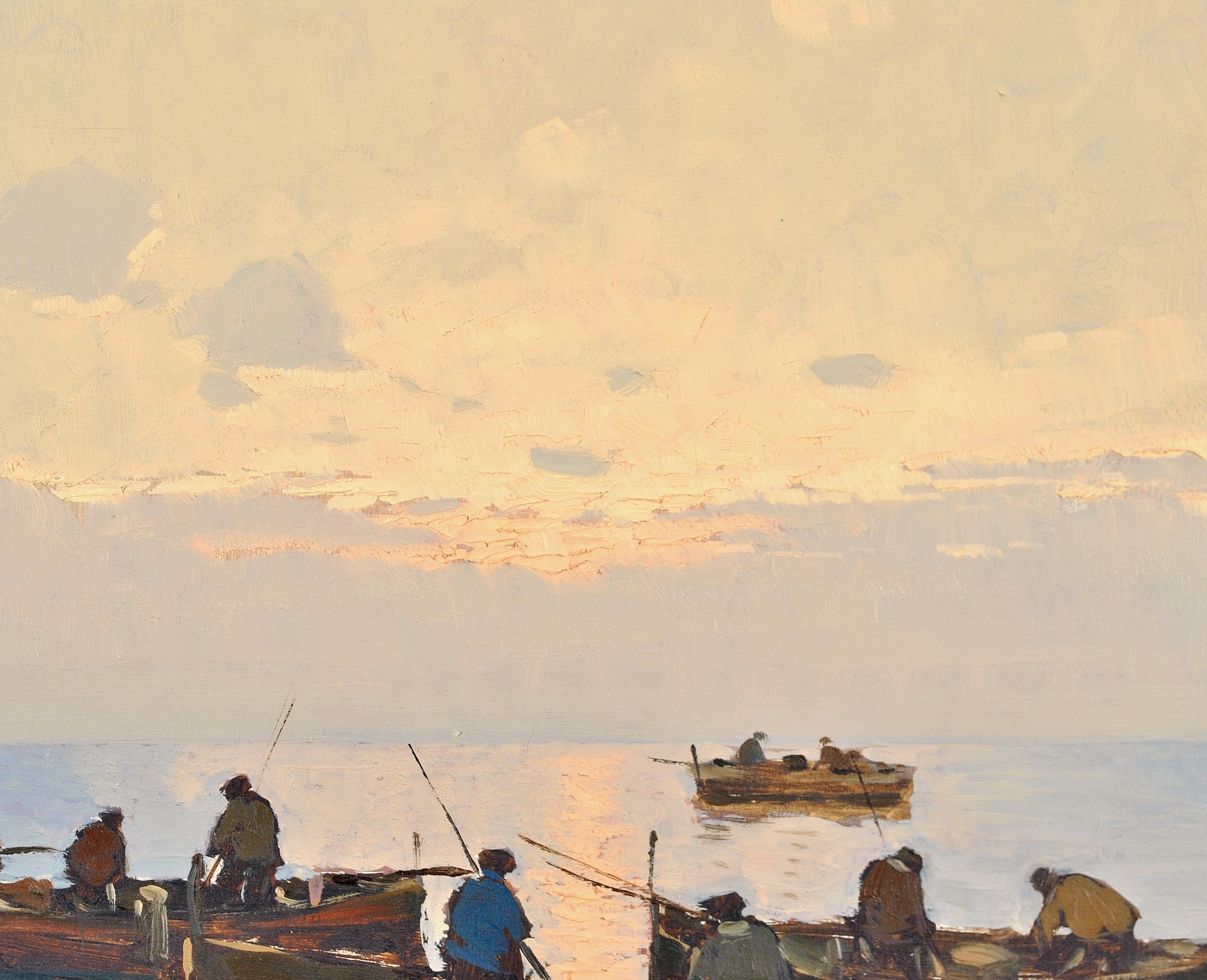 Tramonto a Capri - Quadro a olio di grandi dimensioni dell'Impressionismo italiano di Napoli con paesaggio marino 5