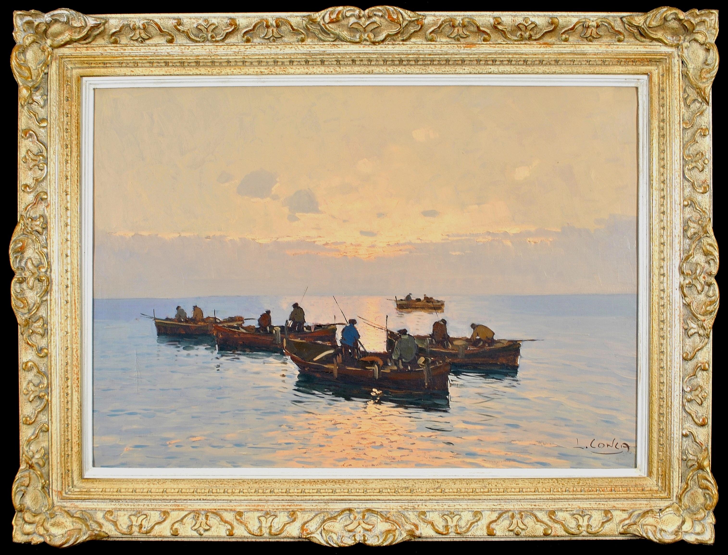 Luigi Conca Landscape Painting - Sunset off Capri - Large Italian Impressionist Naples Sea Seascape Oil Painting
