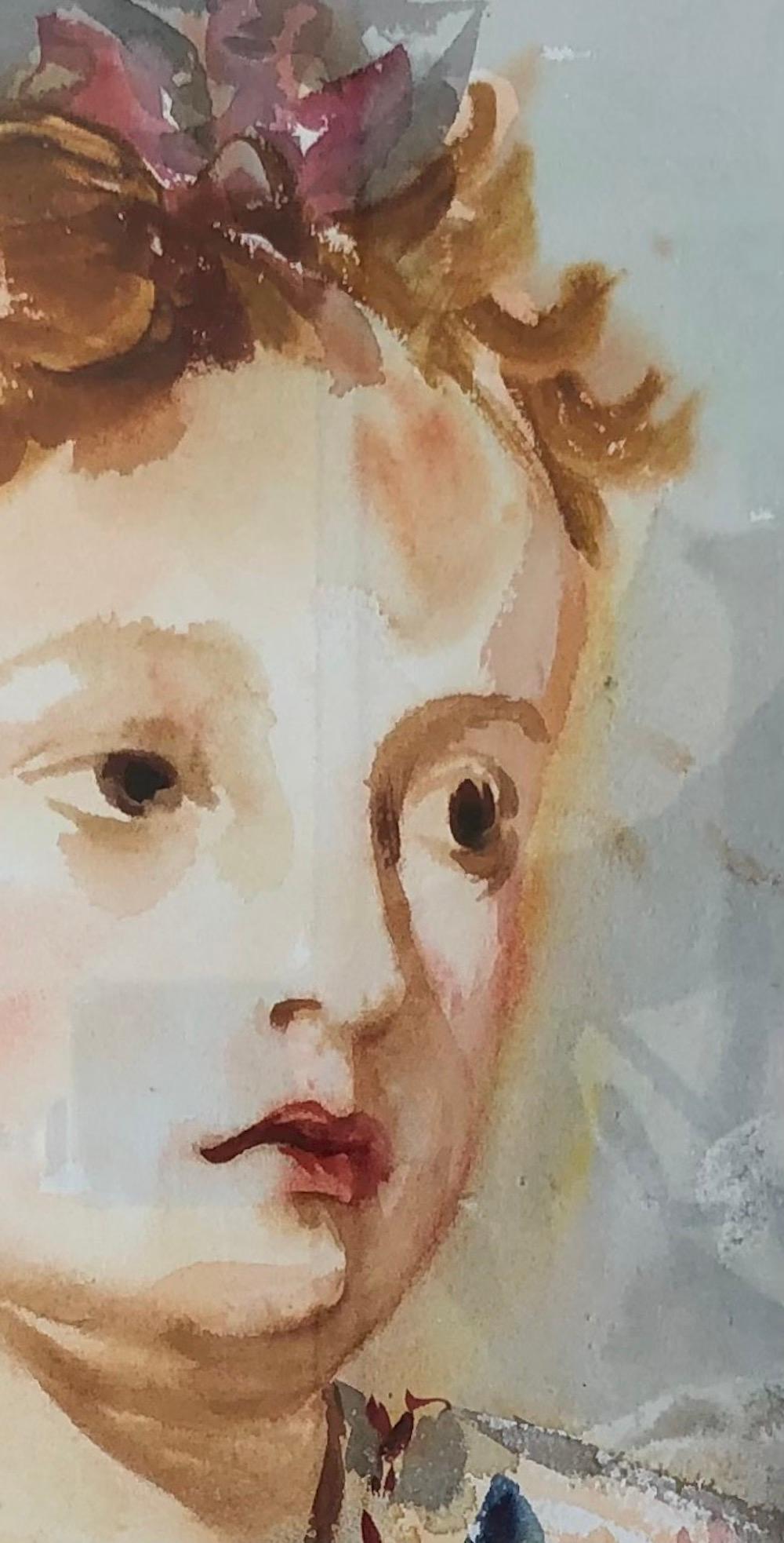 This portrait captures the pensive gaze of a young girl, illustrating a remarkable emotional depth. The artist subtly uses watercolors to create a vaporous effect, accentuating the subject's softness. Shades of brown and pink dominate, bringing