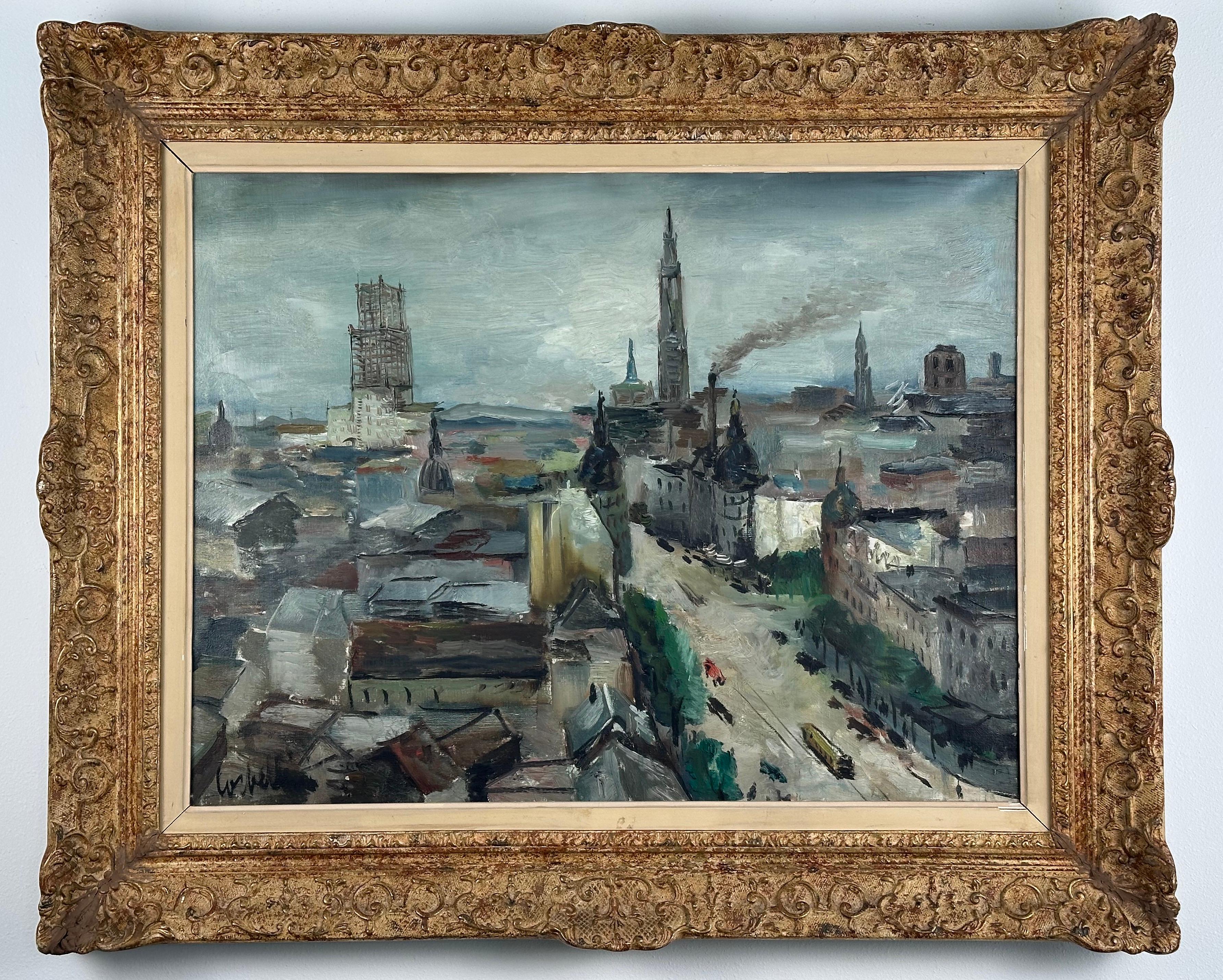 Luigi Corbellini Landscape Painting - Impressionist Rooftop Cityscape View of Antwerp Belgium (Anvers Boerentoren)
