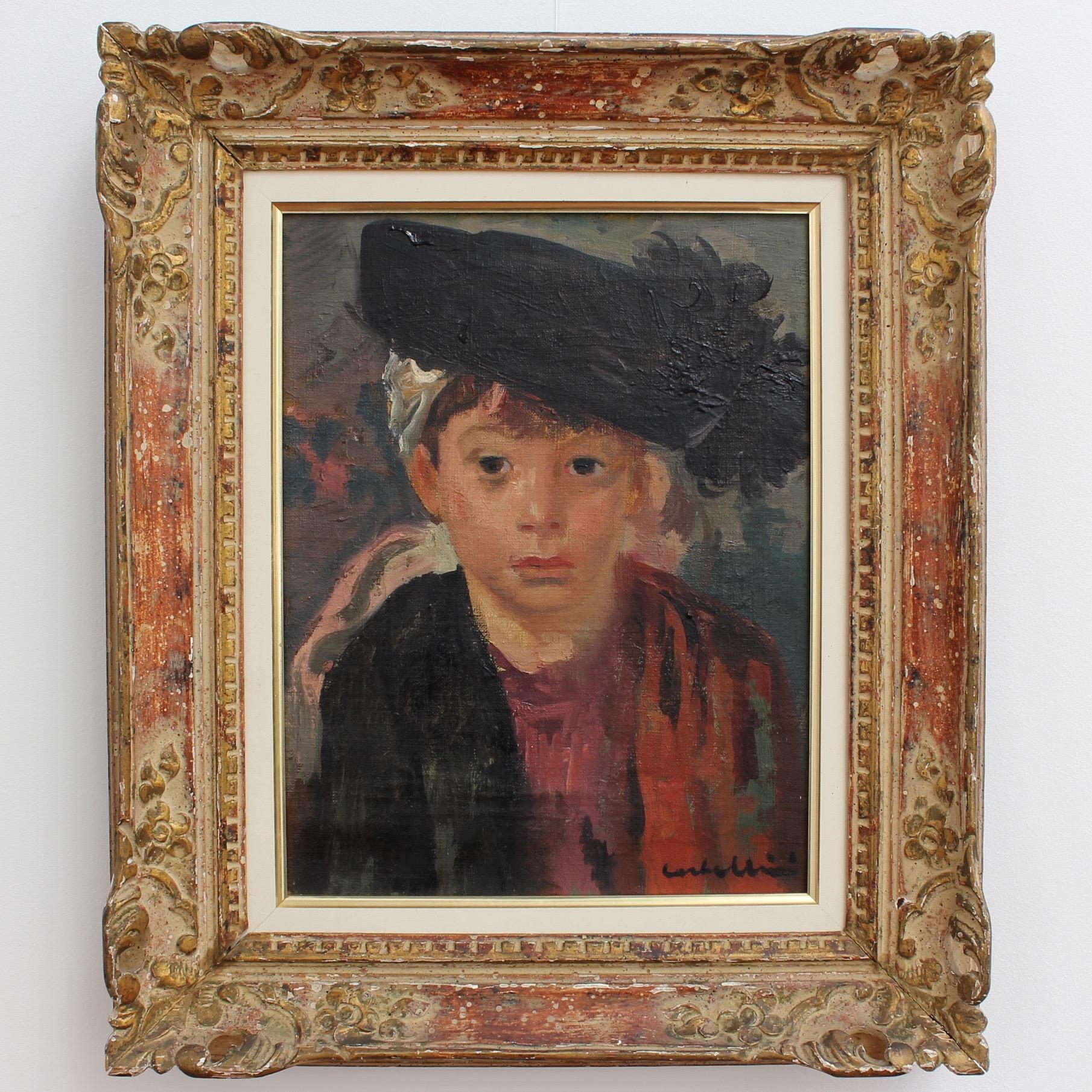 'Portrait of Boy in Feathered Cap' by Luigi Corbellini (circa 1930s). An endearing depiction of an enchanting young boy dressed in his smart clothing. Perhaps the slightly bemused expression on his face ensues from his curiosity as to why his day is