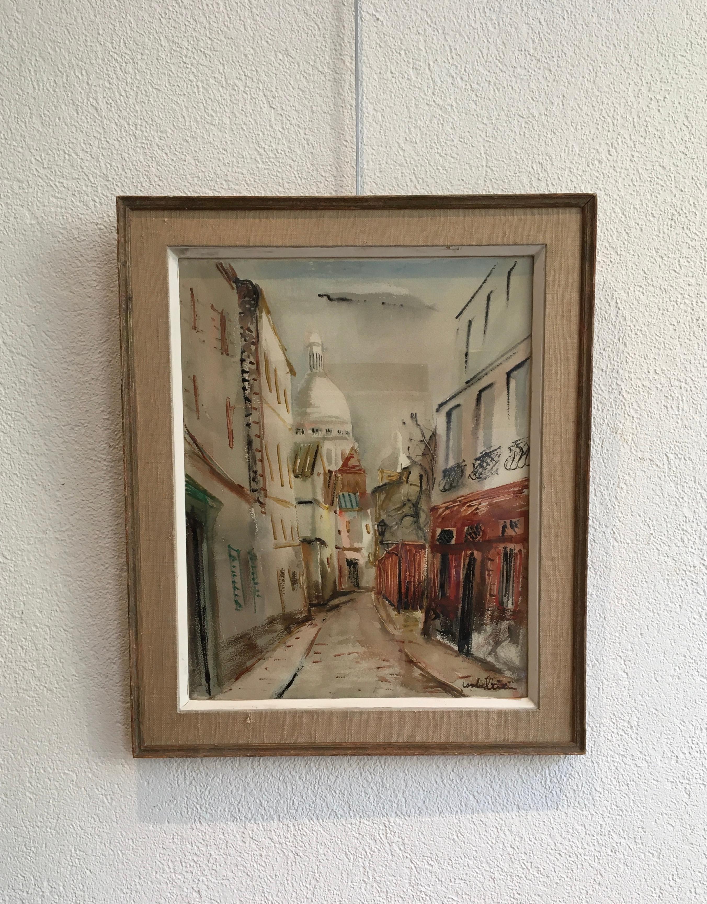 Rue Norvin vista de la Basílica del Sagrado Corazón, Montmartre - Painting de Luigi Corbellini