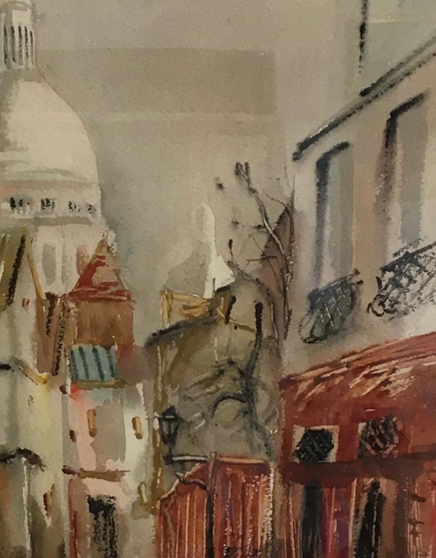 Rue Norvin vista de la Basílica del Sagrado Corazón, Montmartre - Portrait Painting Beige de Luigi Corbellini