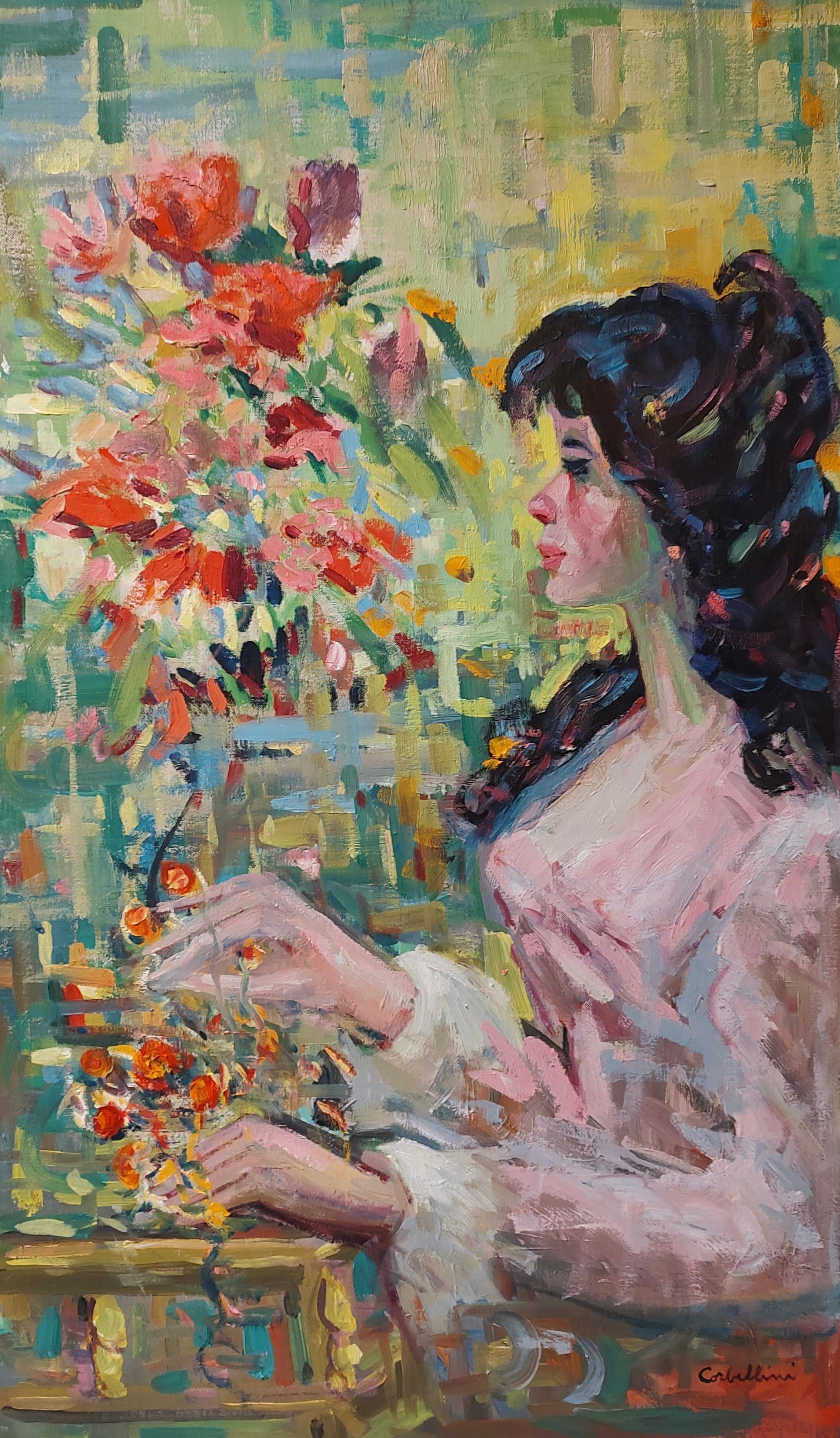Interior Painting Luigi Corbellini - Jeune femme assise en robe rose et bouquet de fleurs jaune, rouge, bleu, vert et rose