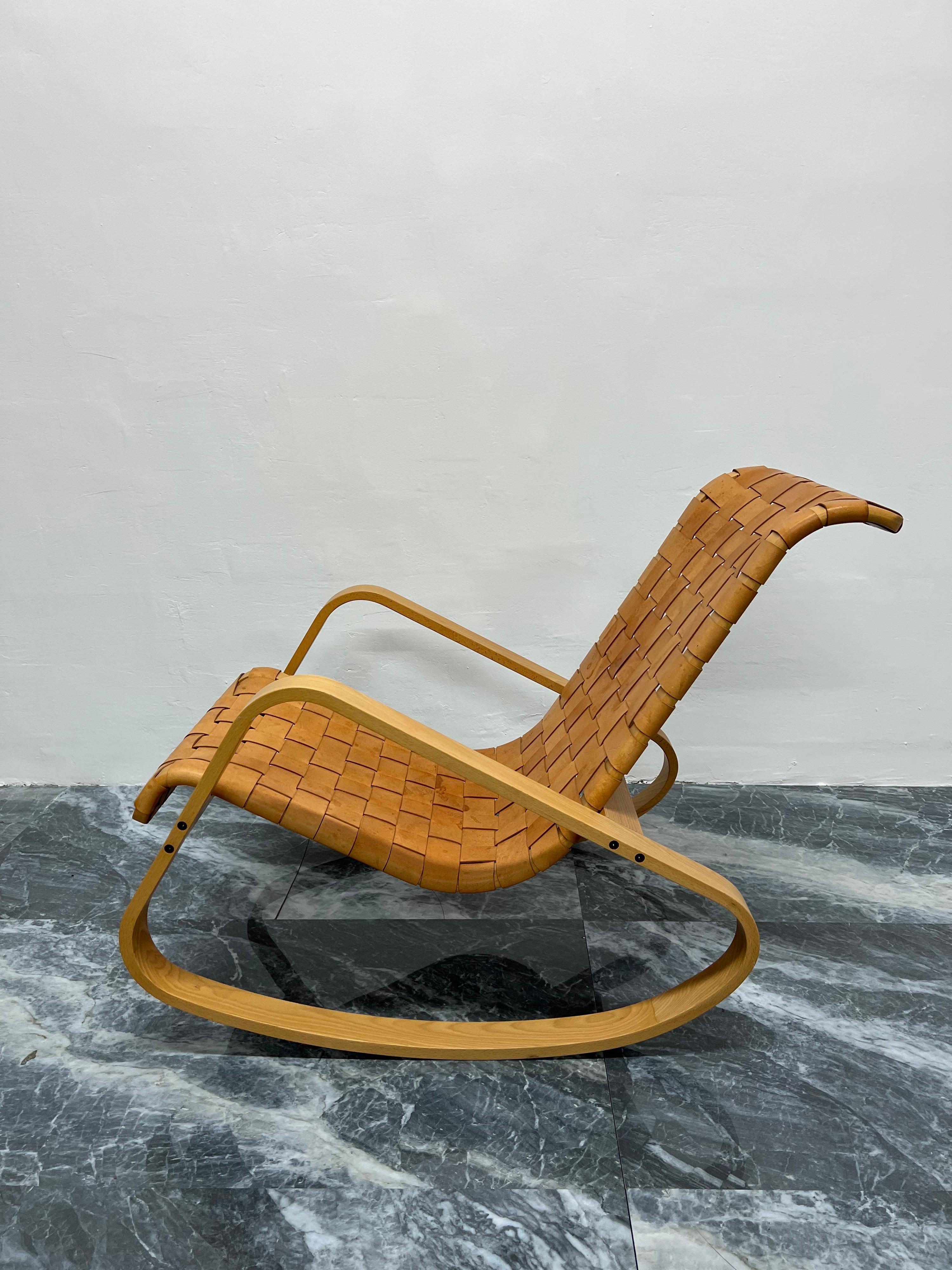 Mid-Century Modern Luigi Crassevig ‘Dondolo’ Bentwood and Woven Leather Rocking Chair for Crassevig