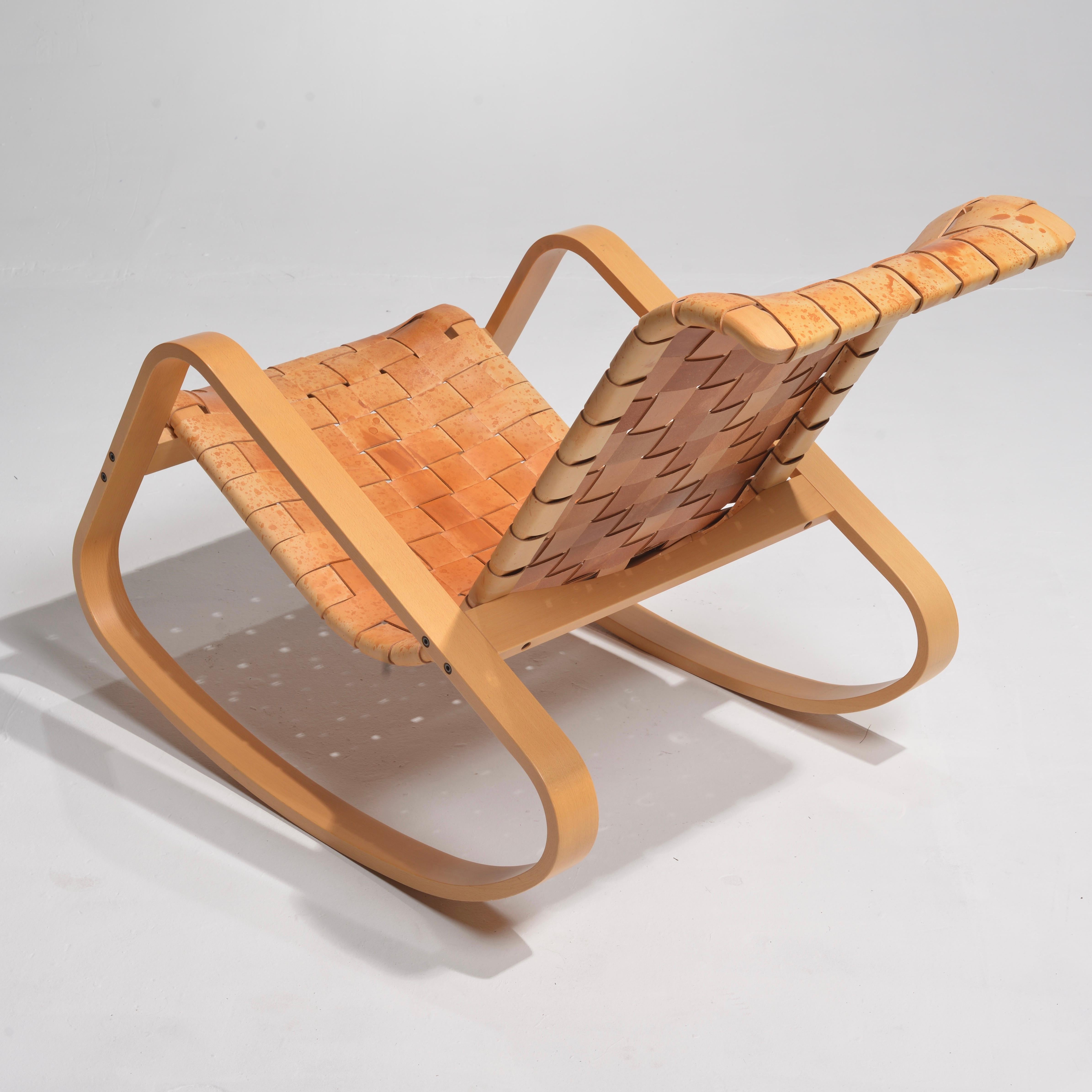 Italian Luigi Crassevig ‘Dondolo’ Bentwood and Woven Leather Rocking Chair for Crassevig