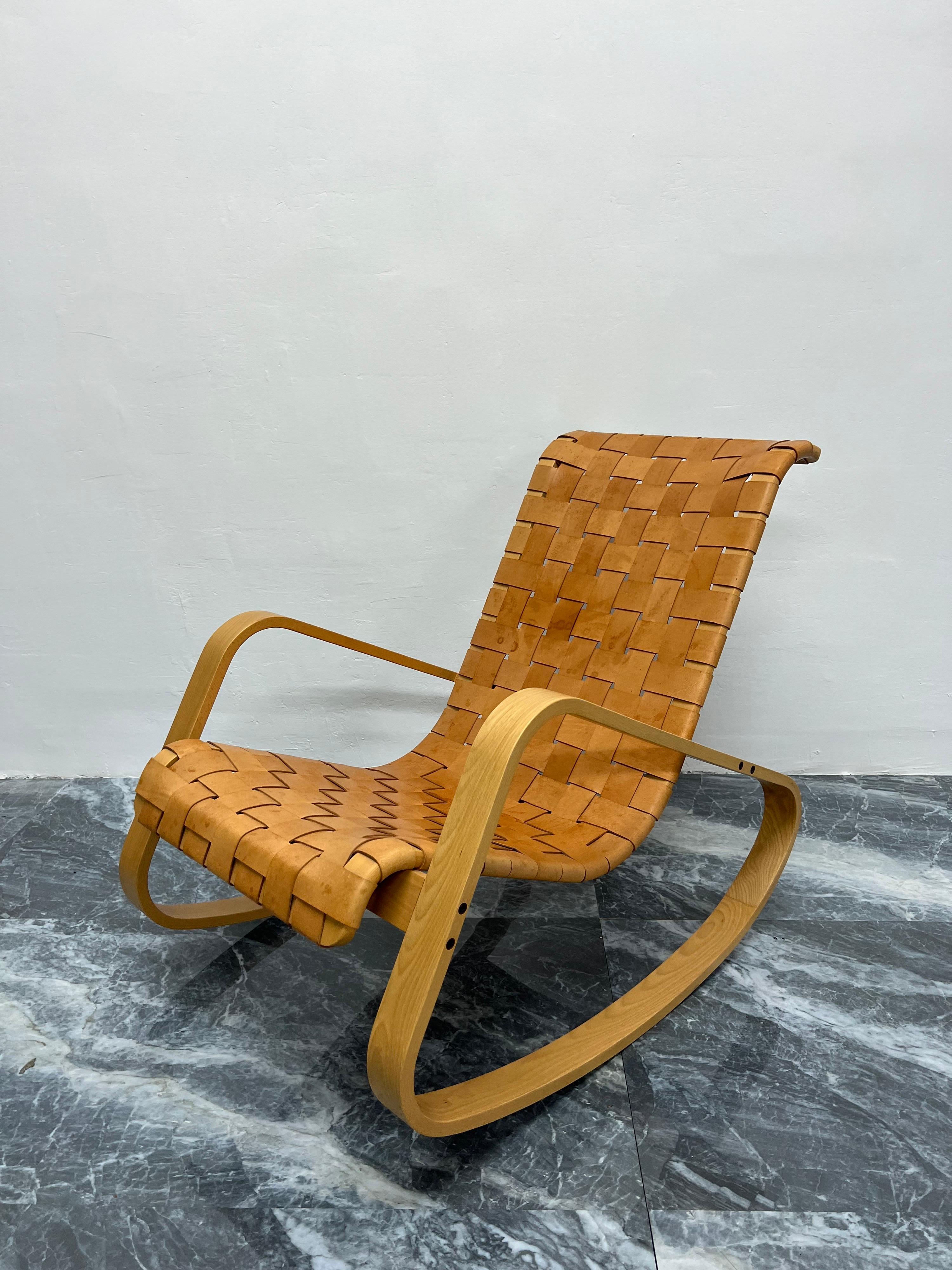 Italian Luigi Crassevig ‘Dondolo’ Bentwood and Woven Leather Rocking Chair for Crassevig