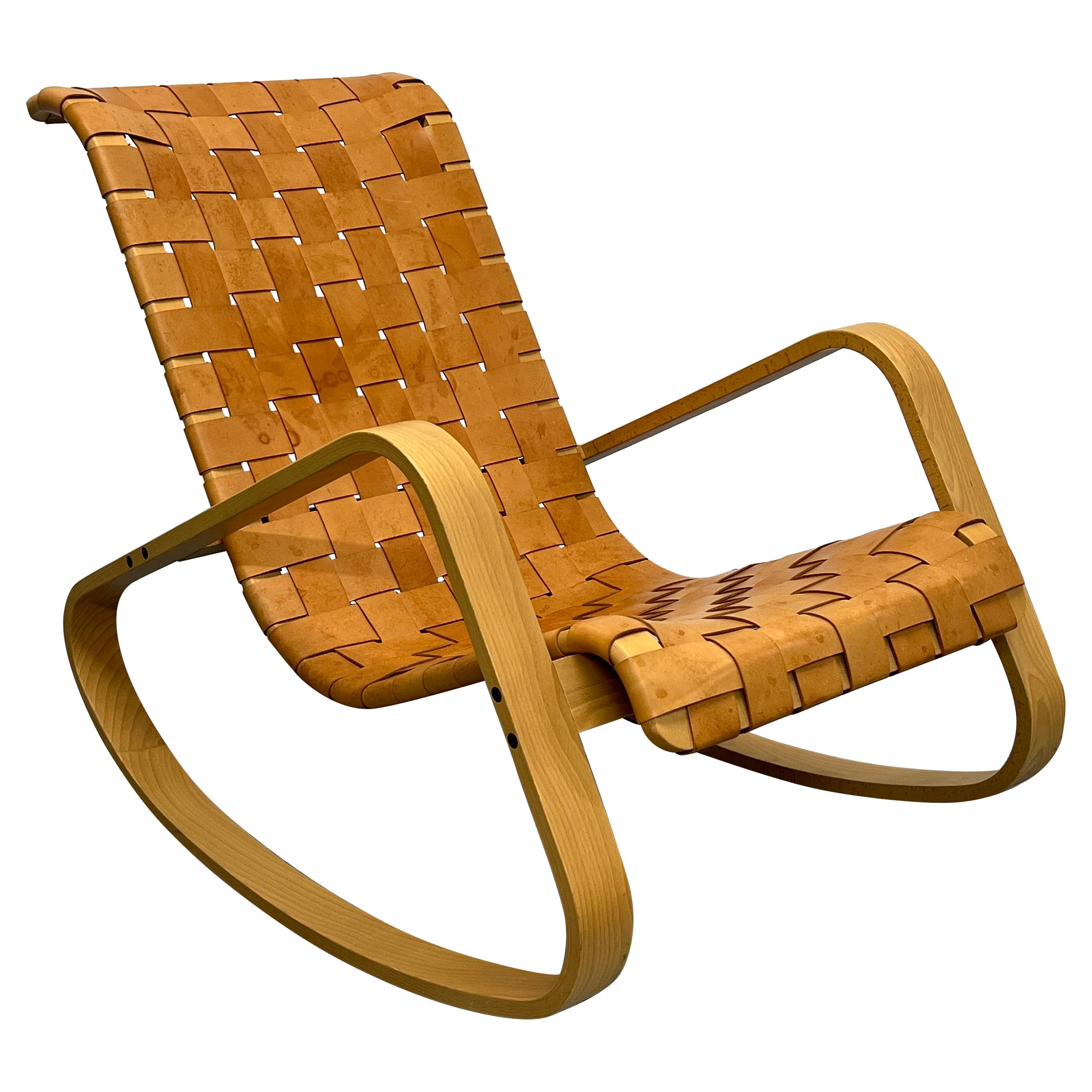 Luigi Crassevig ‘Dondolo’ Bentwood and Woven Leather Rocking Chair for Crassevig