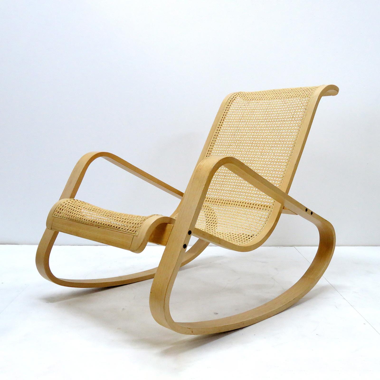 Iconic 'Dondolo' rocking chair Luigi Crassevig, Italy with cane on a solid steam bent beechwood frame, marked.