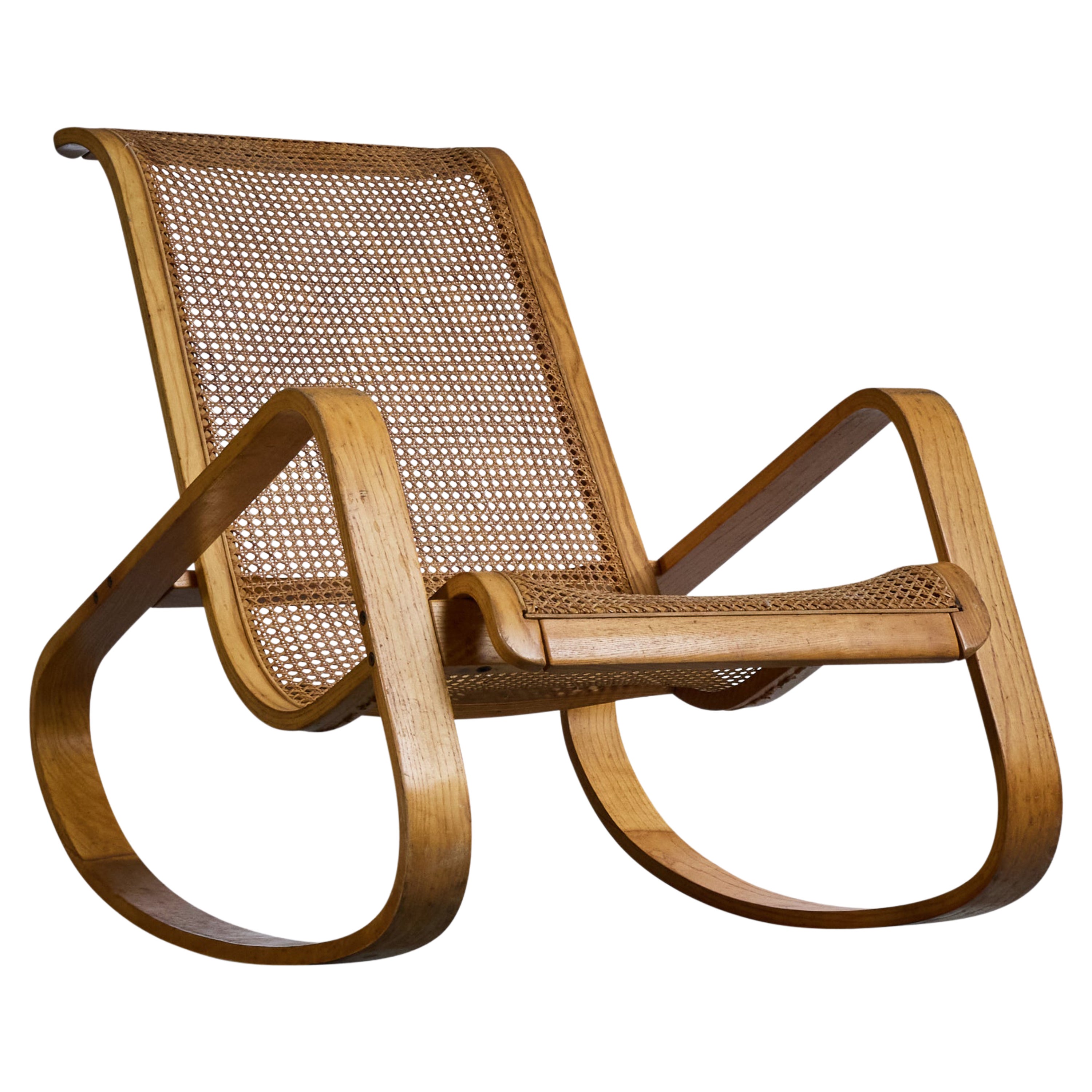 Luigi Crassevig, Silla mecedora, roble, mimbre, Italia, década de los 70