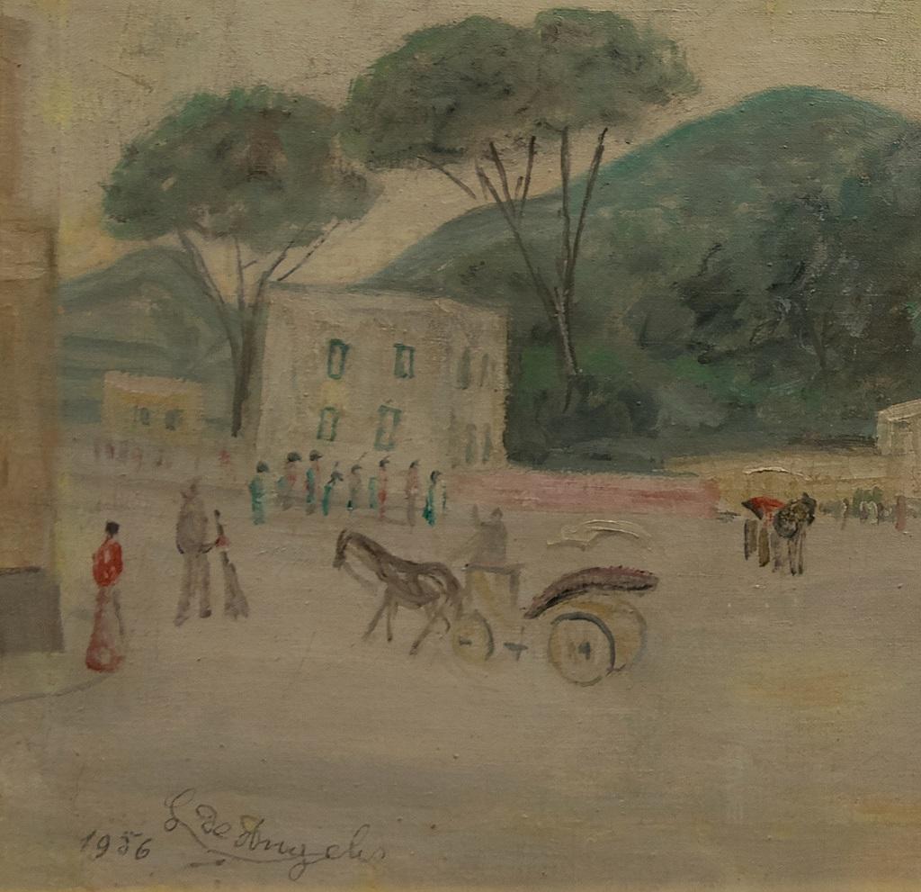 Carruajes en Ischia - Óleo original sobre tabla de Luigi de Angelis - 1956 en venta 1