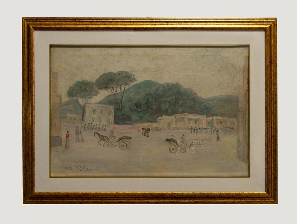 Carruajes en Ischia es un hermoso óleo original sobre tabla, realizado en 1956 por el artista Luigi de Angelis (1883-1966).

Firmado y fechado en el margen inferior.

Incluye un bonito marco contemporáneo con bordes dorados (65,2 x 3,5 x 89