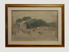 Carriages at Ischia - Peinture à l'huile originale sur panneau de Luigi de Angelis - 1956 