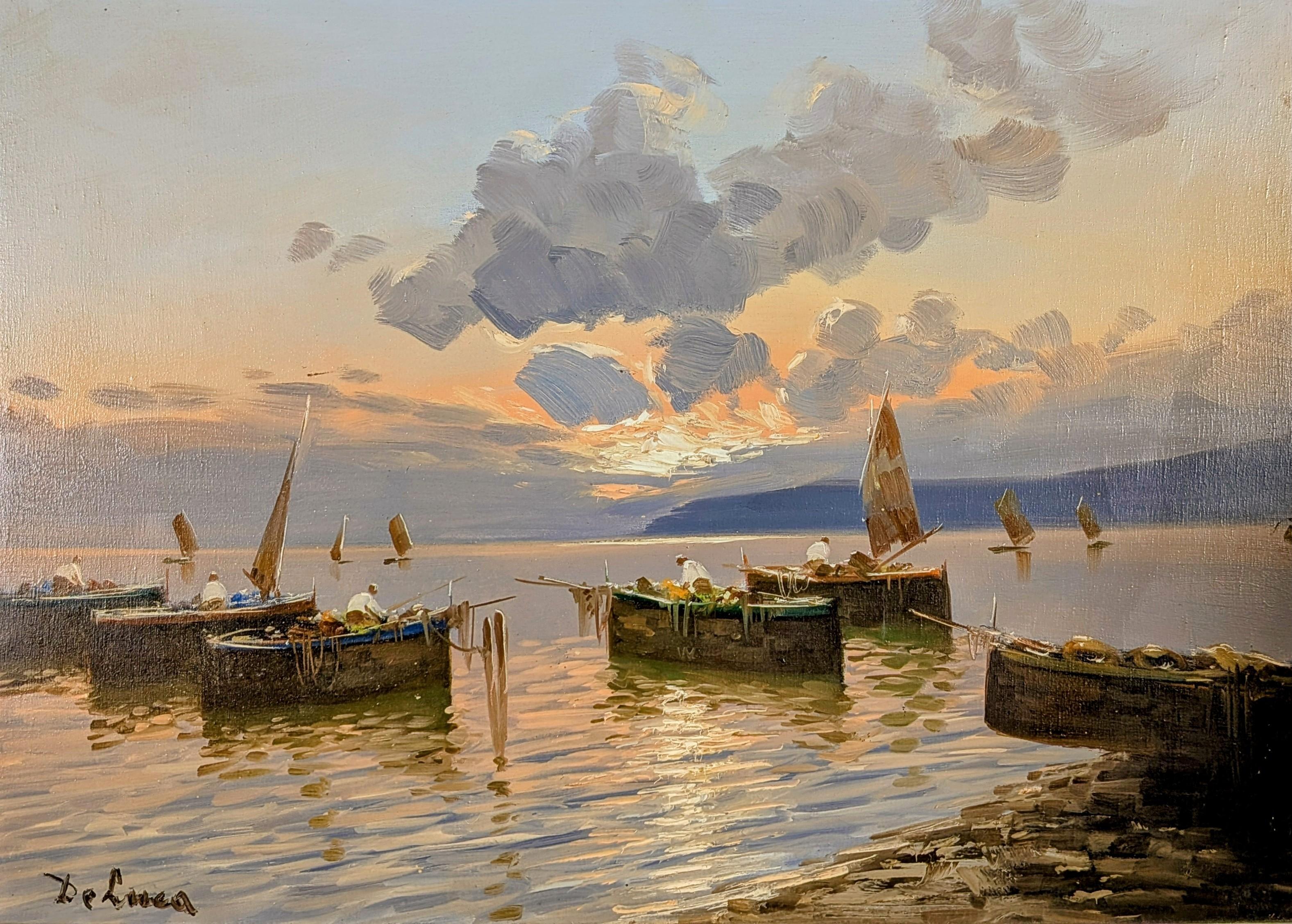 Fischer Bucht von Neapel - Große italienische Impressionisten Sonnenuntergang Seelandschaft Gemälde – Painting von Luigi De Luca