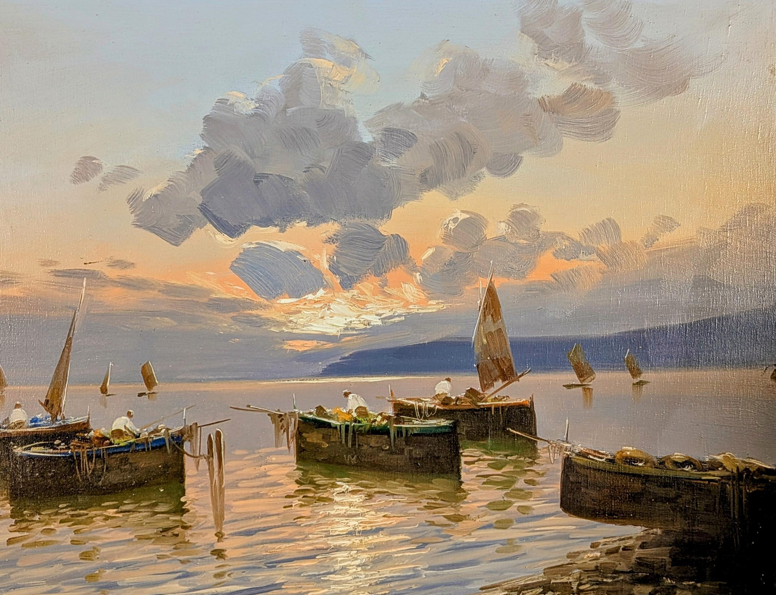Fischer Bucht von Neapel - Große italienische Impressionisten Sonnenuntergang Seelandschaft Gemälde (Impressionismus), Painting, von Luigi De Luca