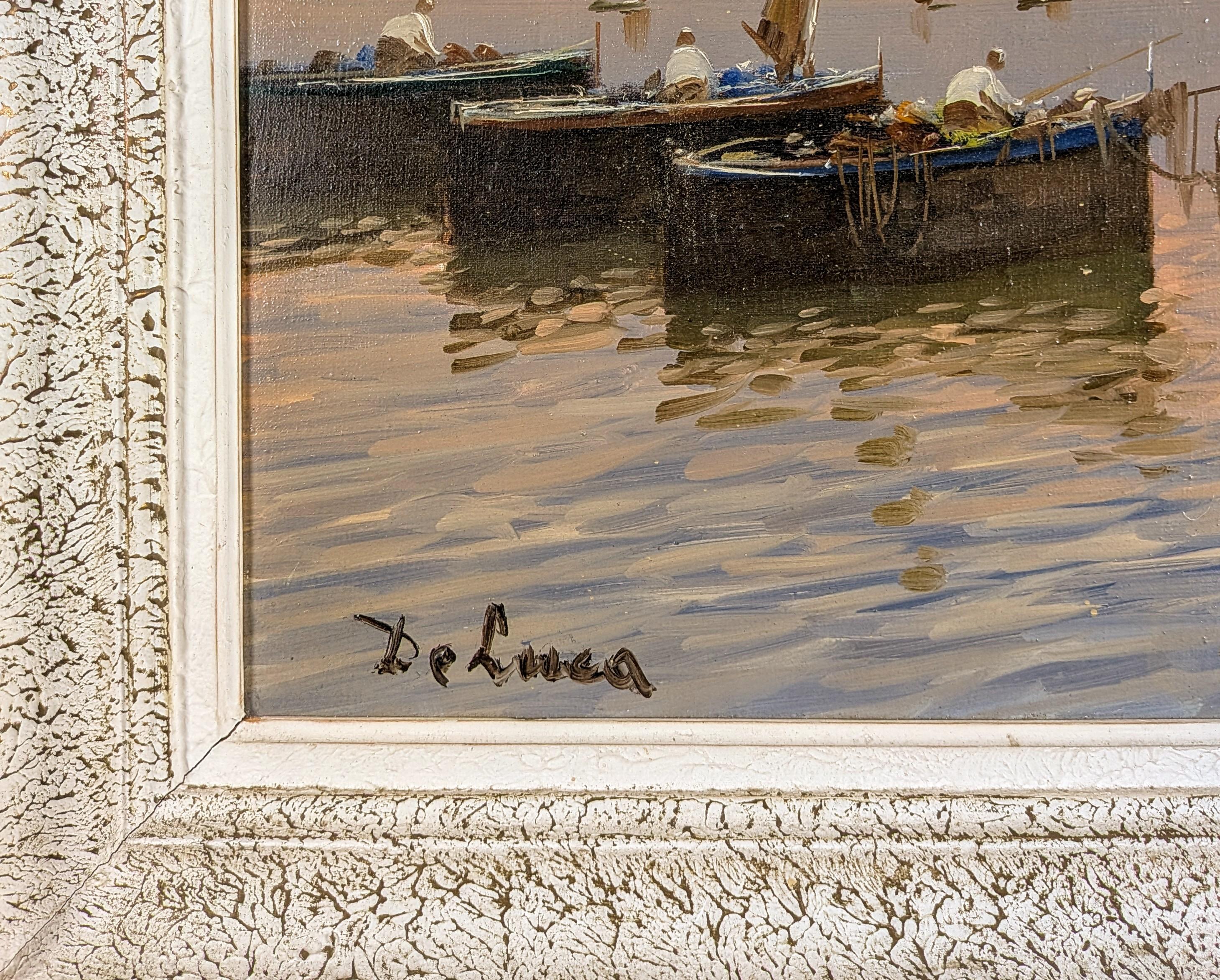 Fischer Bucht von Neapel - Große italienische Impressionisten Sonnenuntergang Seelandschaft Gemälde (Beige), Landscape Painting, von Luigi De Luca