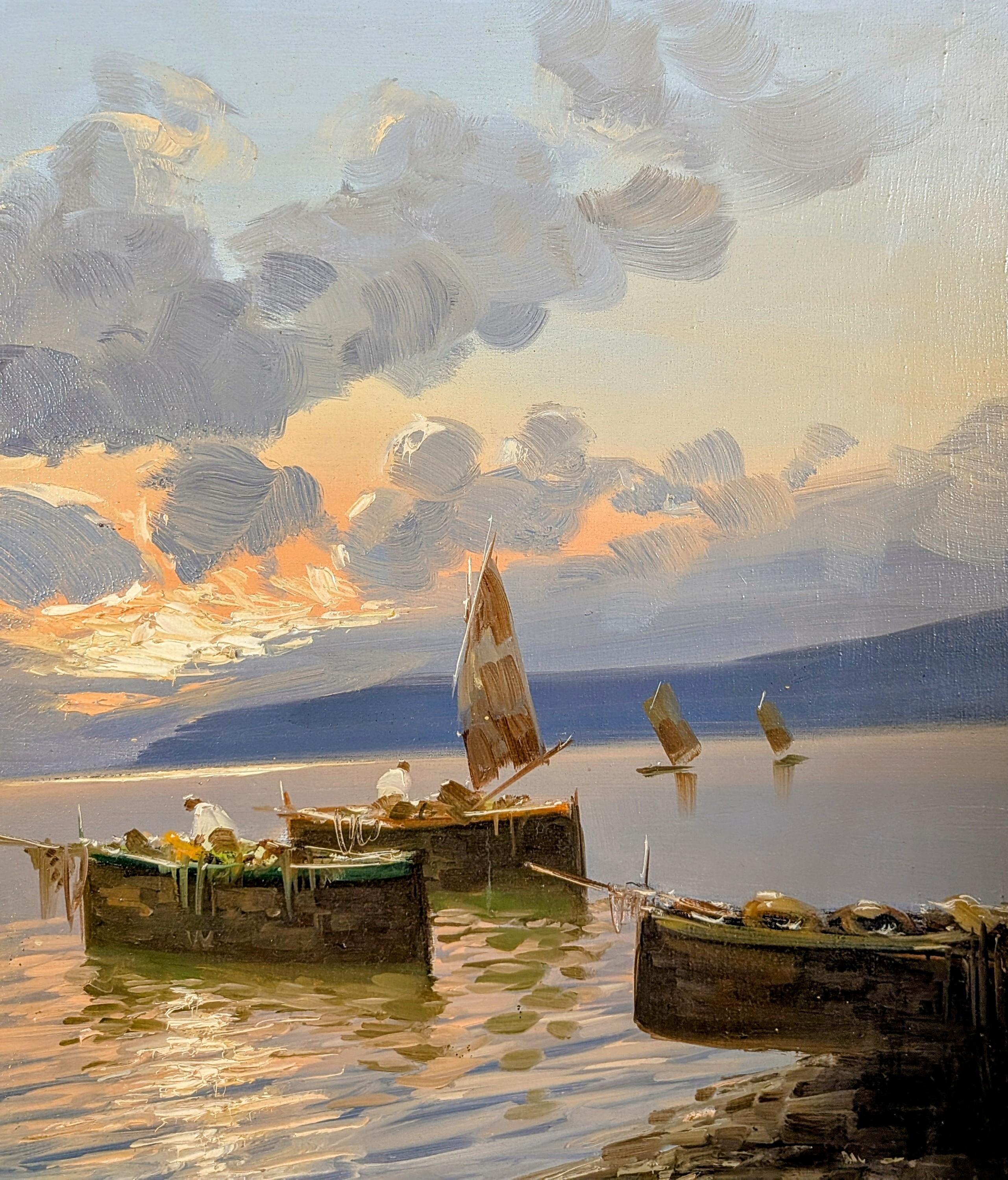 * Keine US-Zölle oder Steuern auf diesen Artikel zu zahlen.

Dieses schöne Ölgemälde des italienischen Impressionisten Luigi De Luca aus den 1930er Jahren zeigt Fischer in der Bucht von Neapel bei Sonnenuntergang, mit Capri dahinter.

Das Werk ist