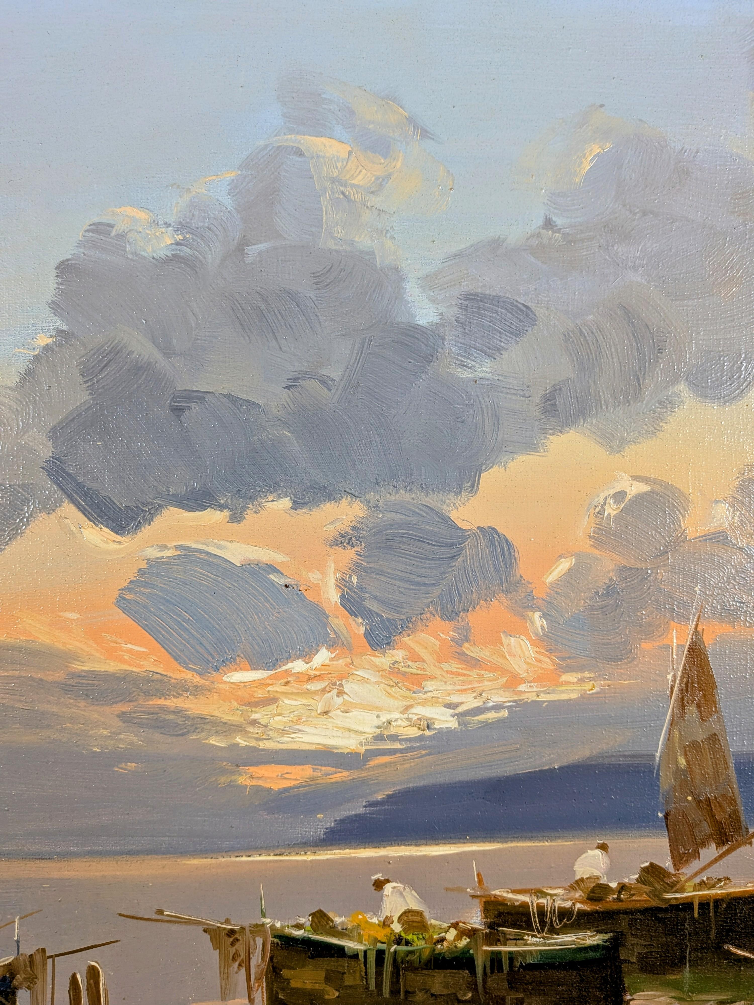 Fischer Bucht von Neapel - Große italienische Impressionisten Sonnenuntergang Seelandschaft Gemälde im Angebot 1