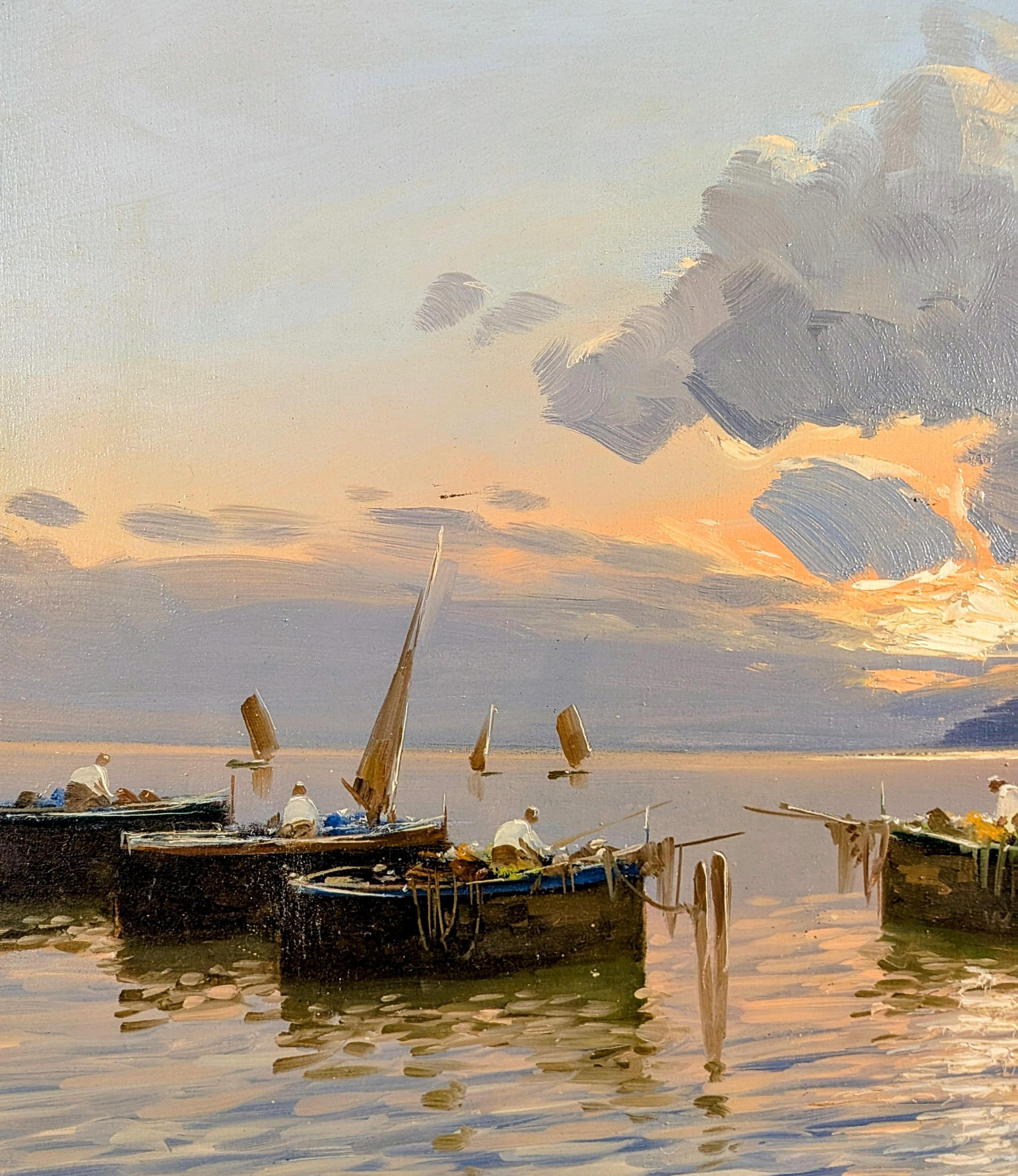 Fischer Bucht von Neapel - Große italienische Impressionisten Sonnenuntergang Seelandschaft Gemälde im Angebot 2