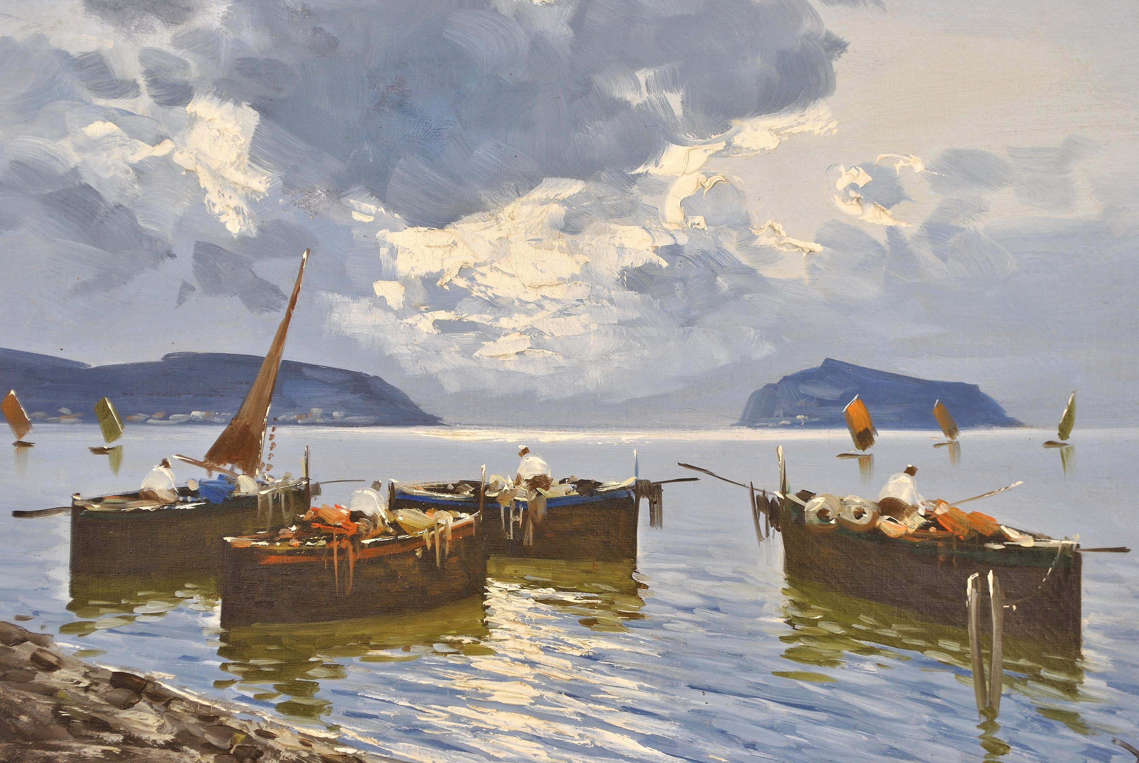 Fishermen on Bay of Naples - Großes italienisches impressionistisches Meereslandschaftsgemälde, Ölgemälde – Painting von Luigi De Luca