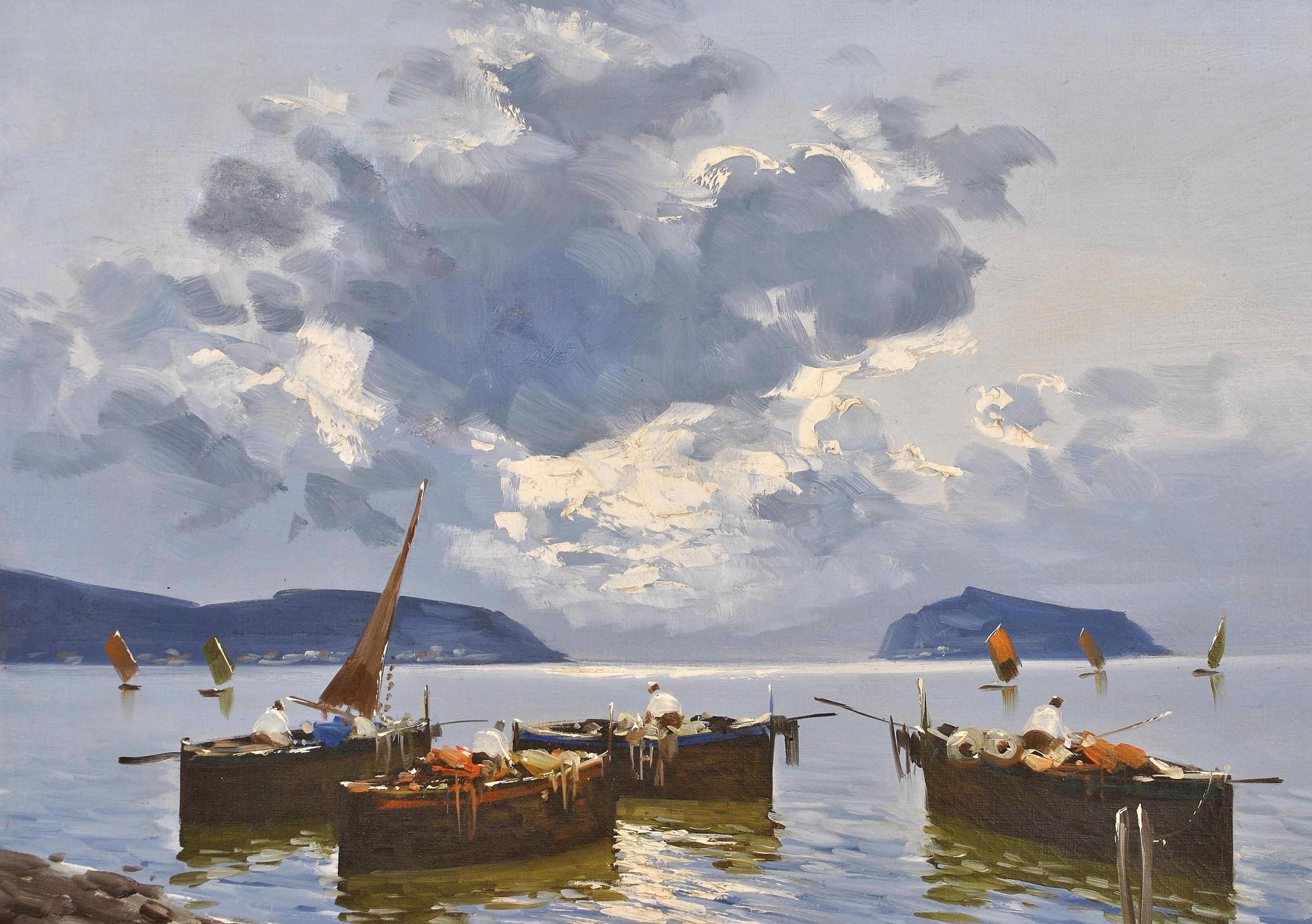 Fishermen on Bay of Naples - Großes italienisches impressionistisches Meereslandschaftsgemälde, Ölgemälde (Impressionismus), Painting, von Luigi De Luca