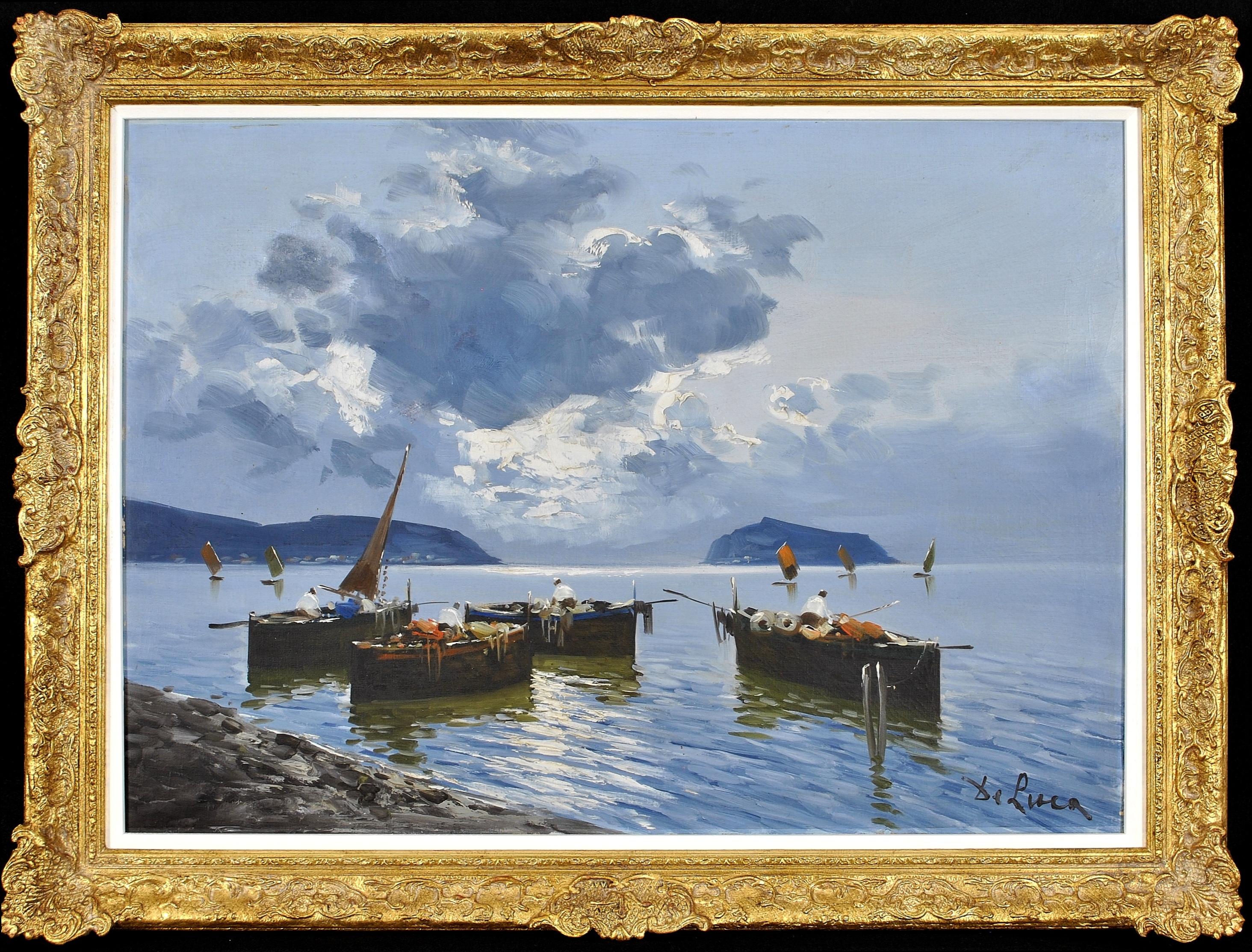 Luigi De Luca Landscape Painting – Fishermen on Bay of Naples - Großes italienisches impressionistisches Meereslandschaftsgemälde, Ölgemälde