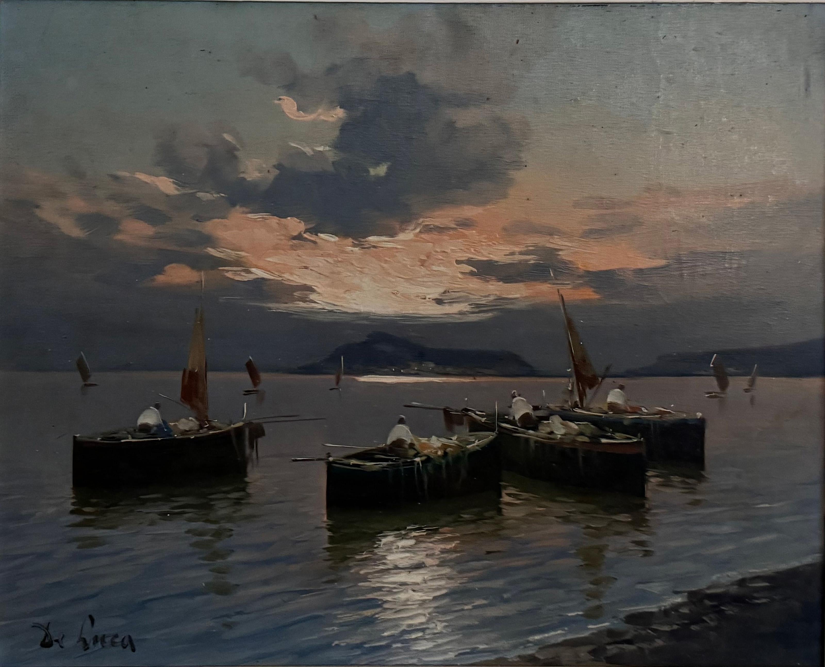 Boat et fusil italien, OIl impressionniste sur toile de Luigi De Luca en vente 2