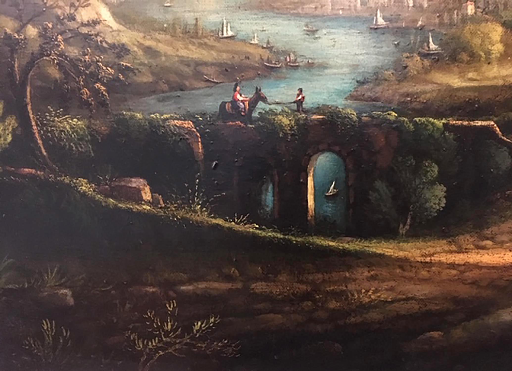 Landscape - Luigi De Santis Italia 2014 - Oil on canvas cm.60x80.
Gold leaf gilded wooden frame available on request
The painting by L. De Santis is an oil on canvas depicting a landscape with neoclassical characters inspired by Claude Lorrain, a