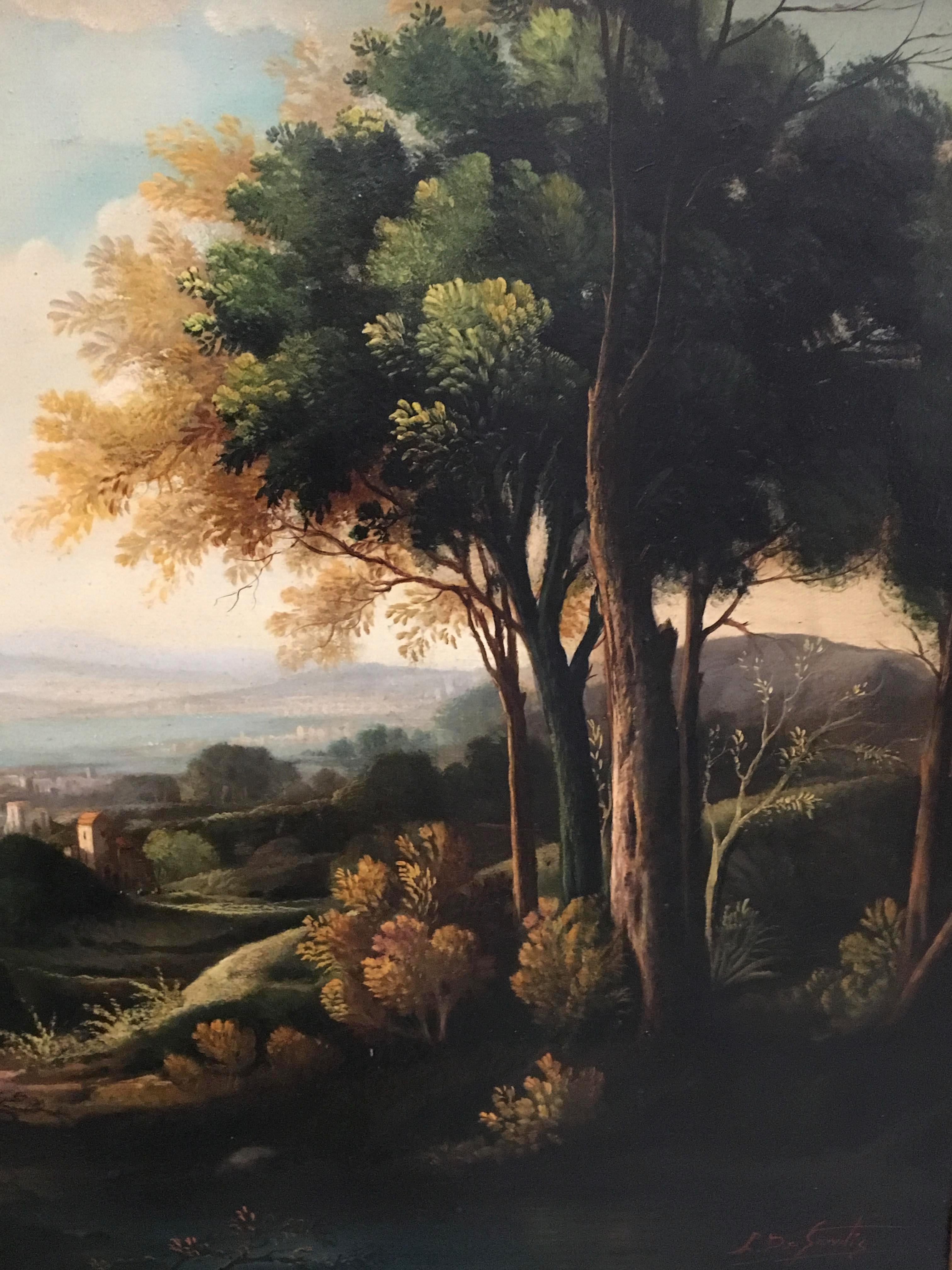 Landscape - Luigi De Santis Italia 2014 - Oil on canvas cm.60x80.
Gold leaf gilded  wooden frame available on request
The painting by L. De Santis is an oil on canvas depicting a landscape with neoclassical characters inspired by Claude Lorrain, a