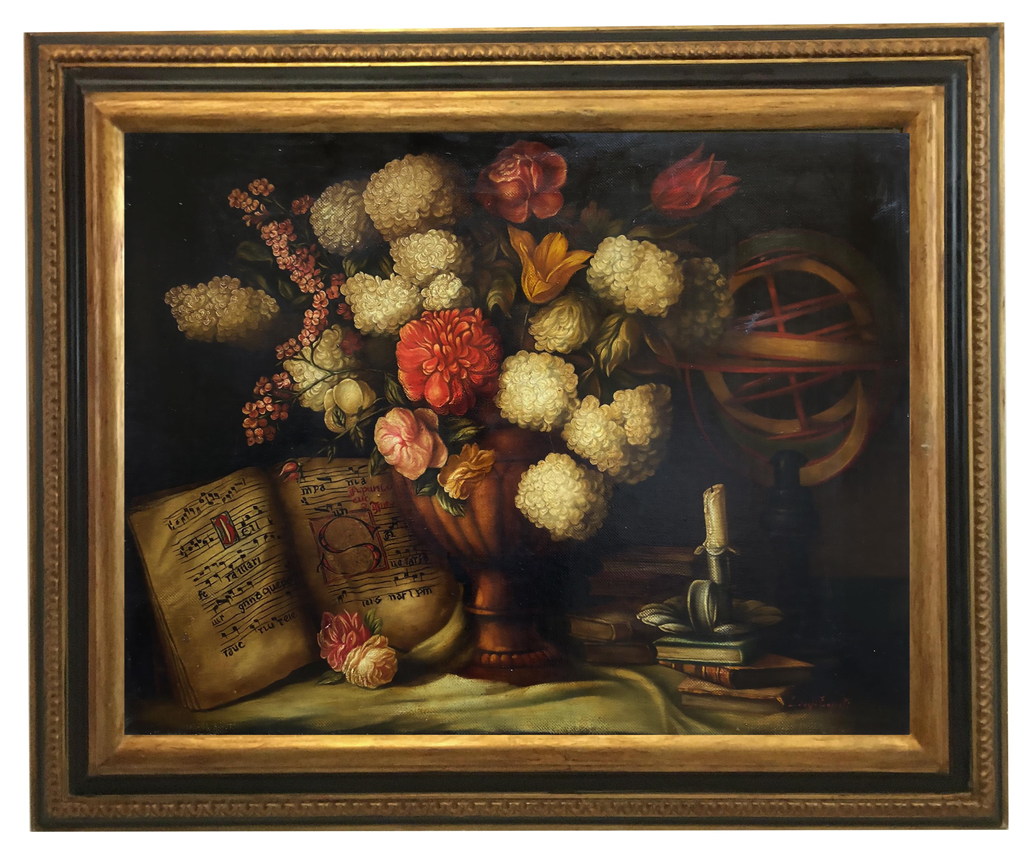 Luigi Degli Espositi Still-Life Painting - FLOWERS - Oil on Canvas Italian Still Life Painting
