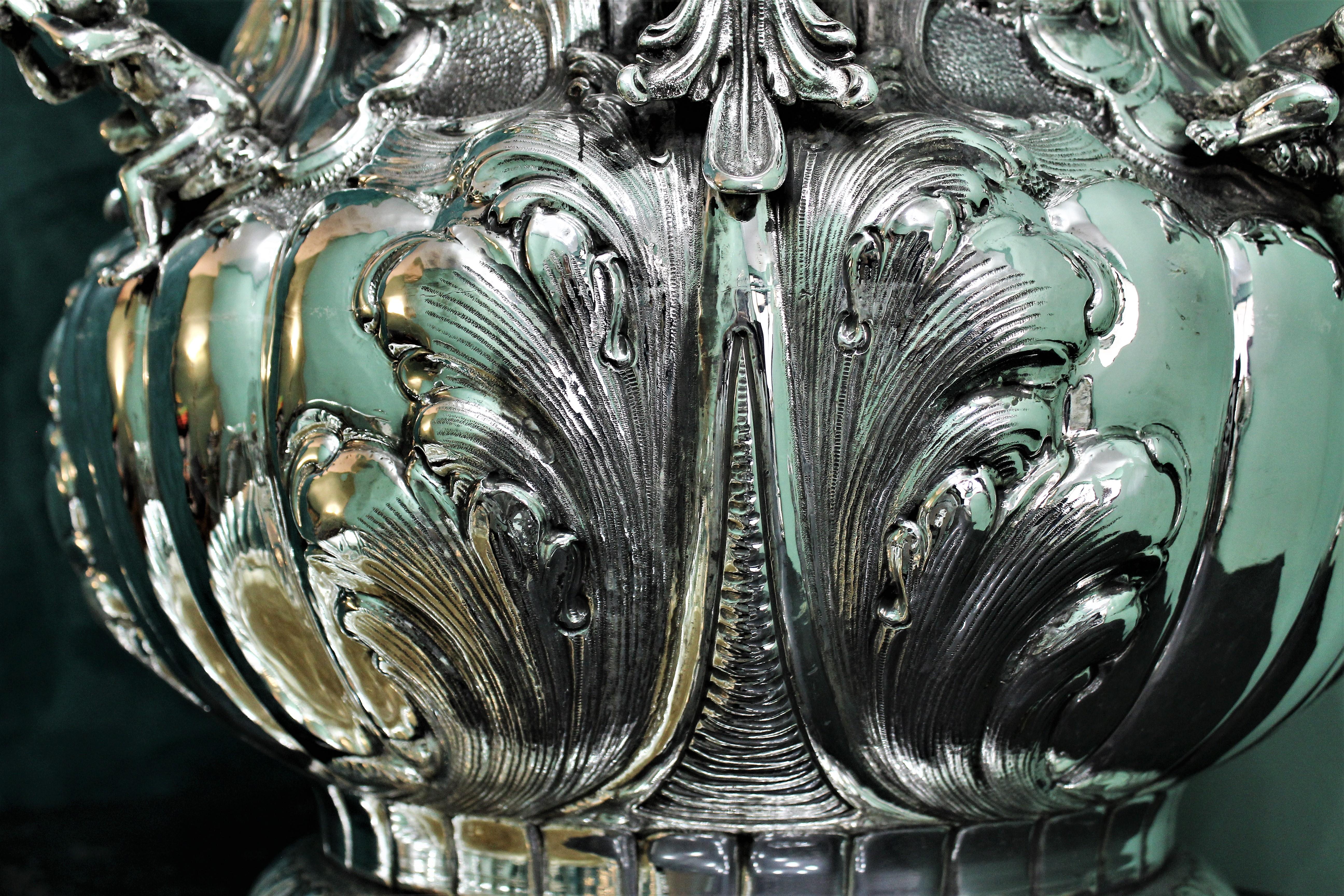 Luigi Diani 20th Century Rococo Pair of Engraved Silver Flower Vases Italy 1930s 10
