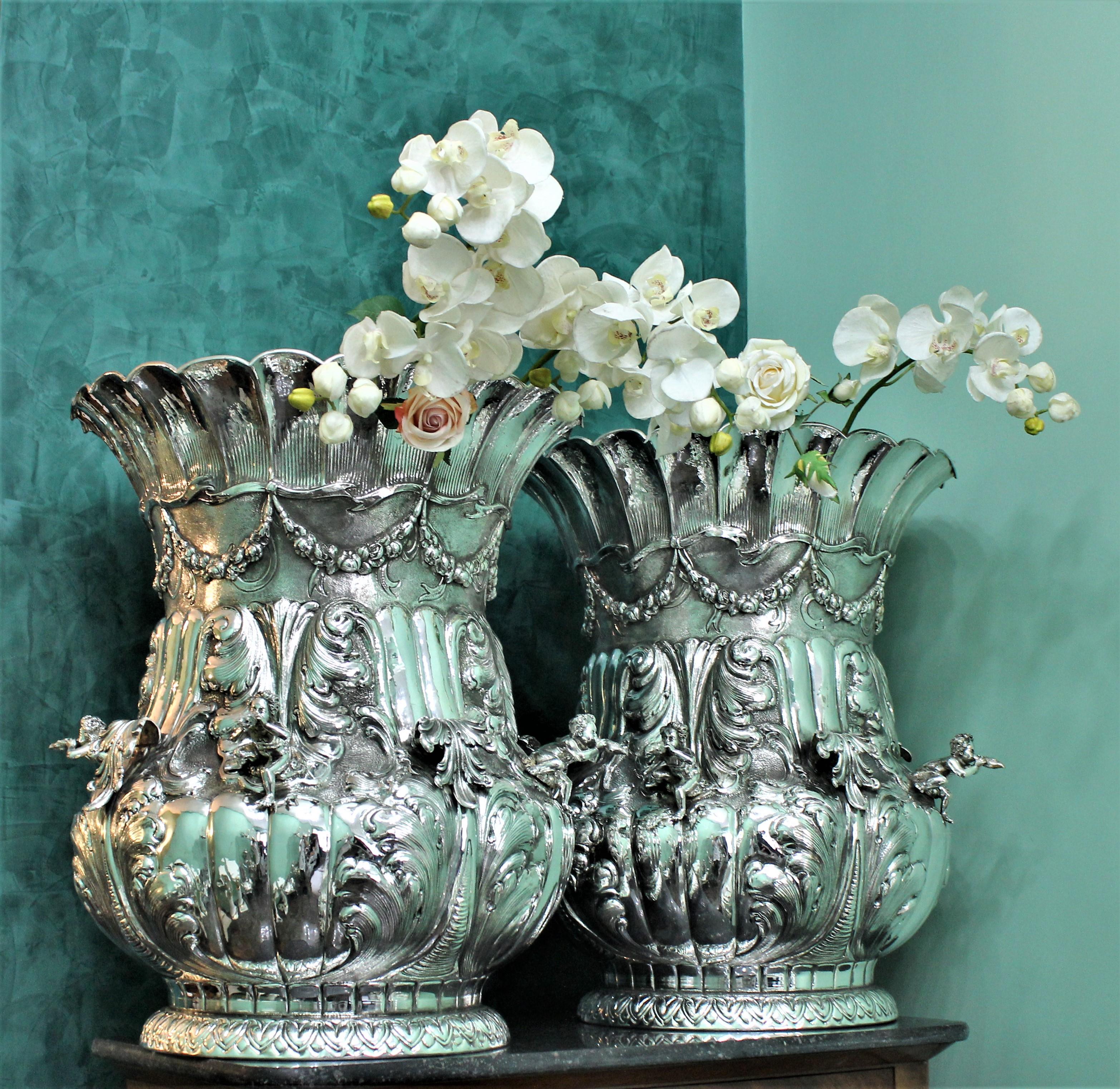 Luigi Diani 20th Century Rococo Pair of Engraved Silver Flower Vases Italy 1930s 11