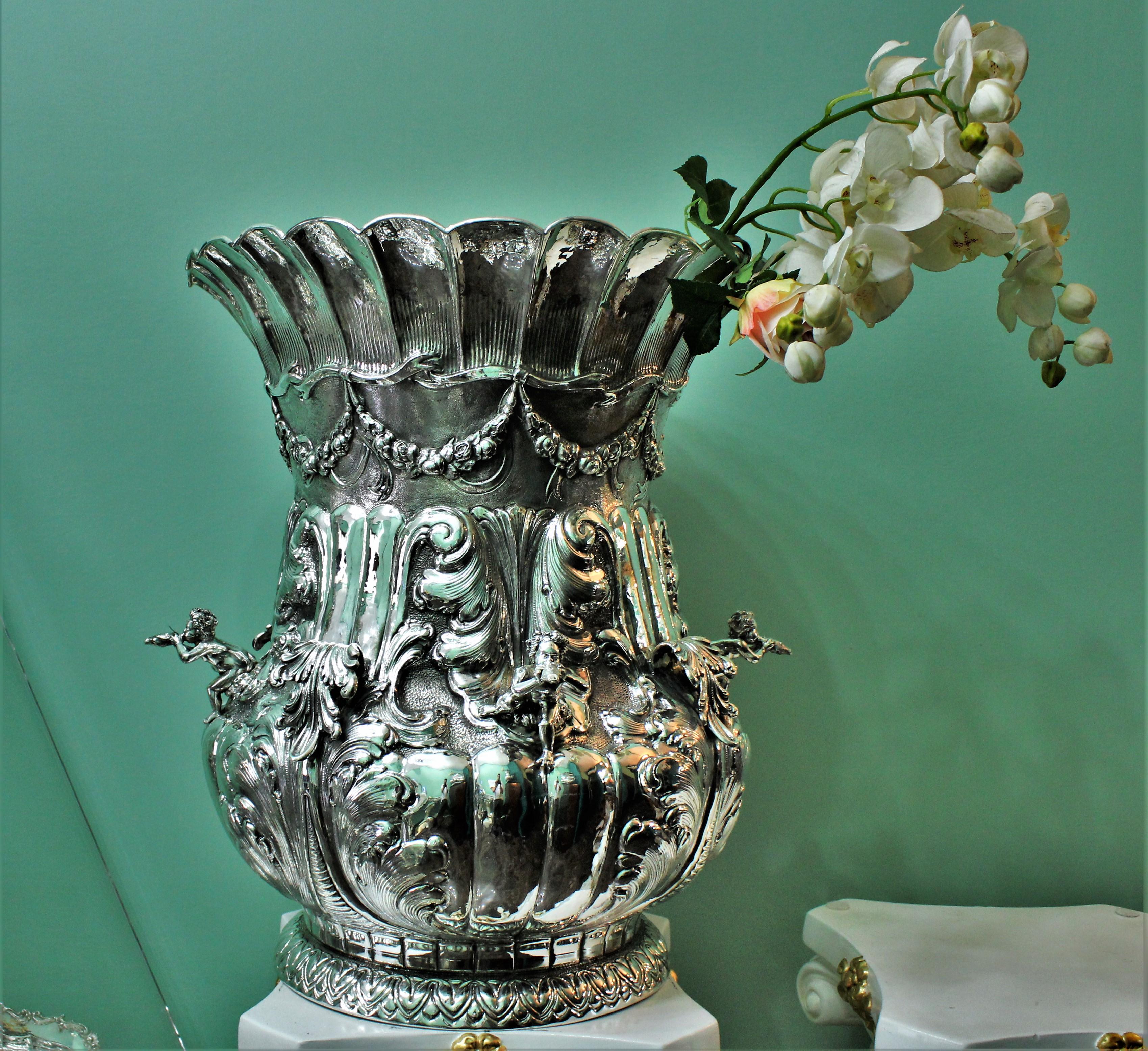 Mid-20th Century Luigi Diani 20th Century Rococo Pair of Engraved Silver Flower Vases Italy 1930s