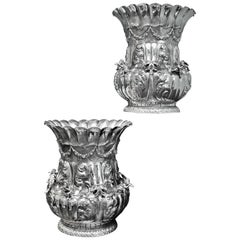 Luigi Diani 20th Century Rococo Pair of Engraved Silver Flower Vases Italy 1930s