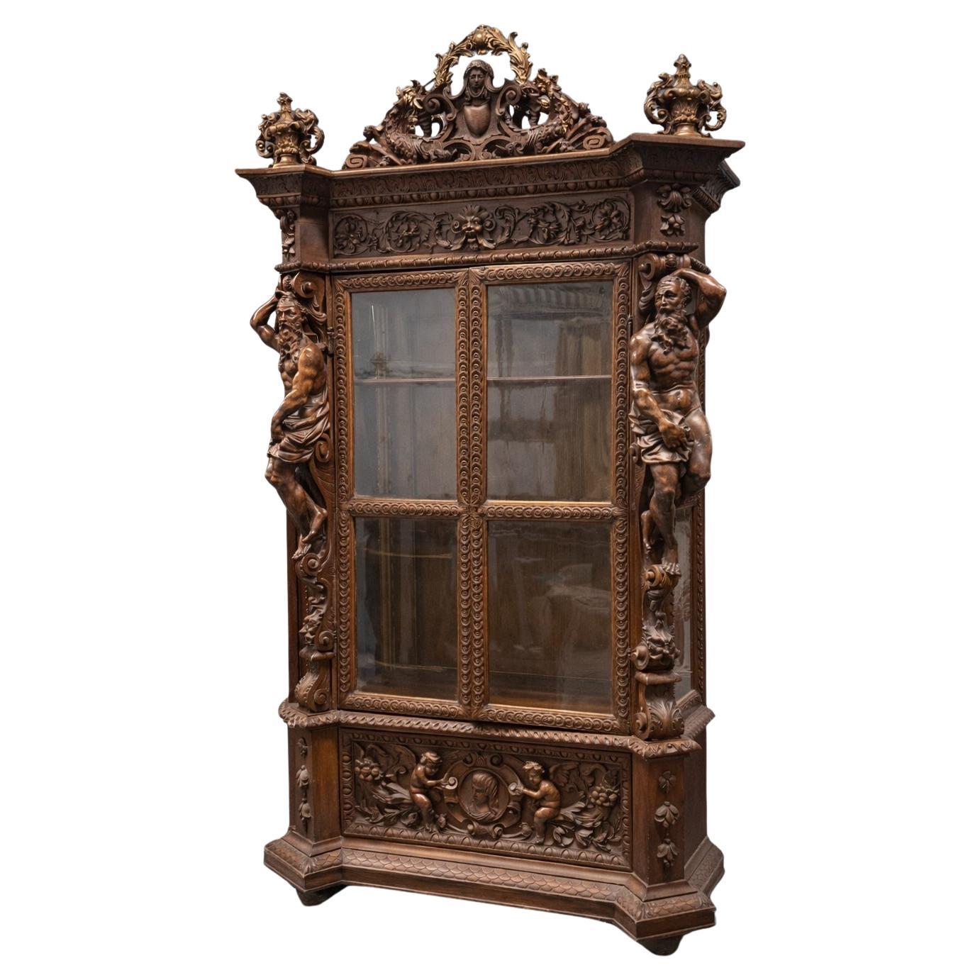 Luigi Frullini Attributed Carved Italian Bookcase Bookshelf Vitrine Circa 1870 For Sale