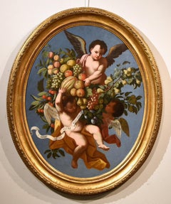 Antique Angels Flower Garzi Paint Oil on canvas Old master 17/18th Century Italian Art
